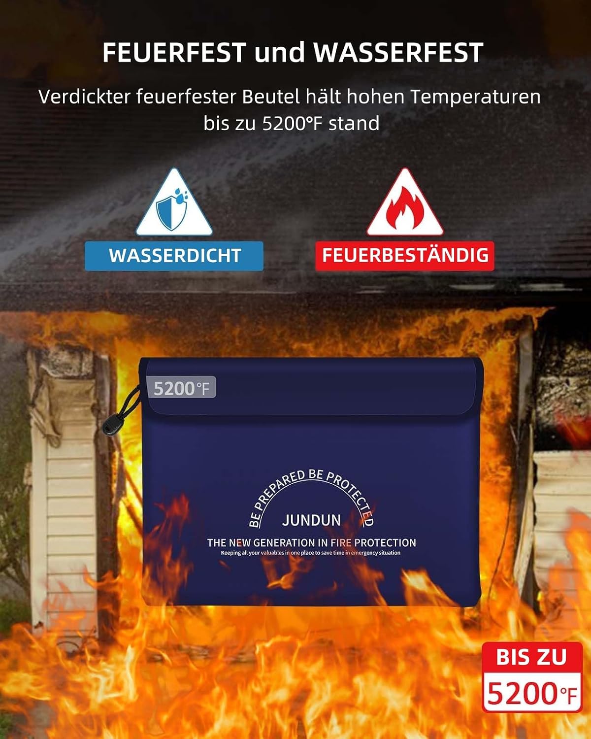 Thumbnail 1 de JUNDUN Feuerfeste Dokumententasche 5200℉ Wärmeisolierung, 36x26 cm – wasserdicht mit Reißverschluss (blau)