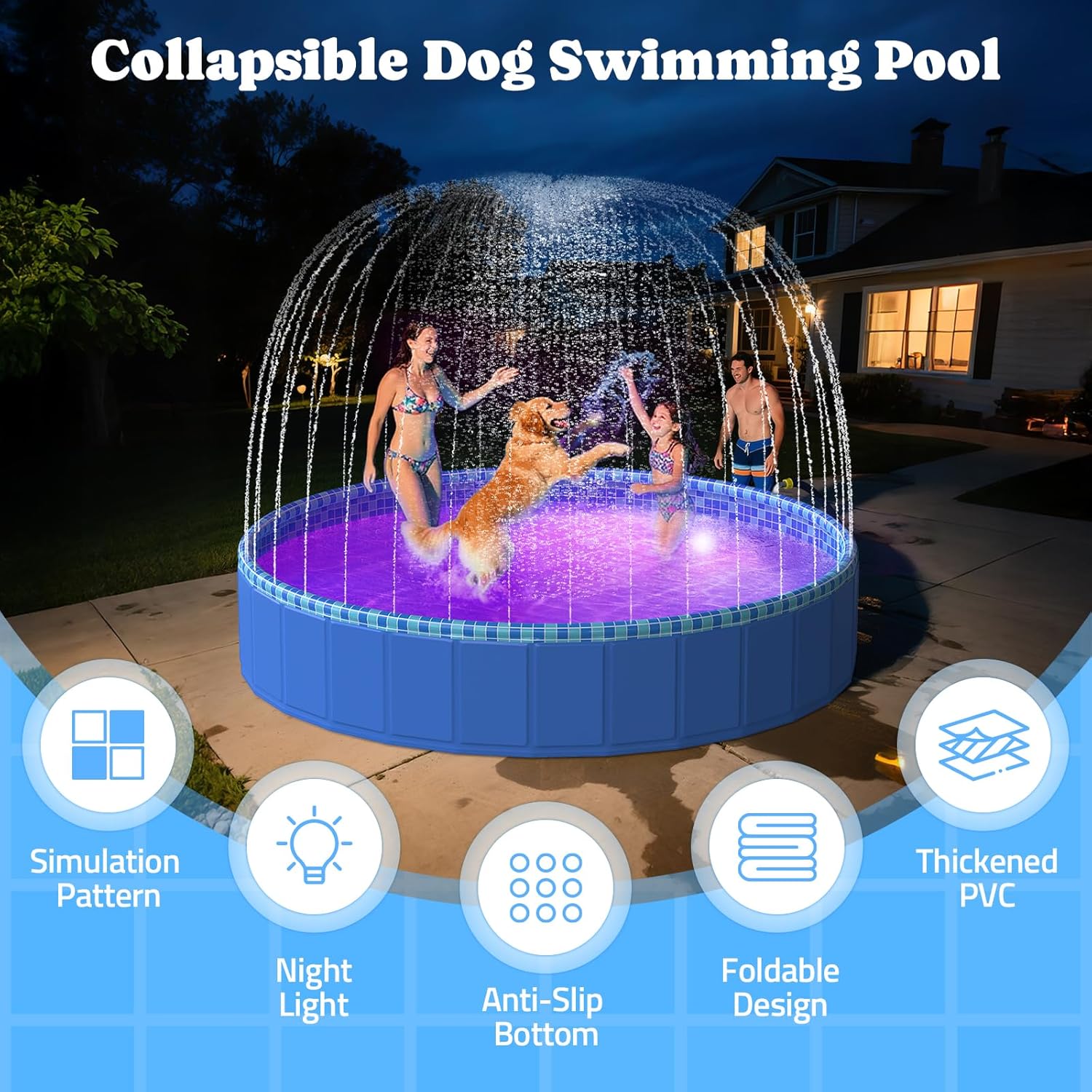 Detalle de Pawtners 72'' Foldable Dog Pool for Large Dogs: 3-in-1 LED Splash Pad, Pool, and Sprinkler