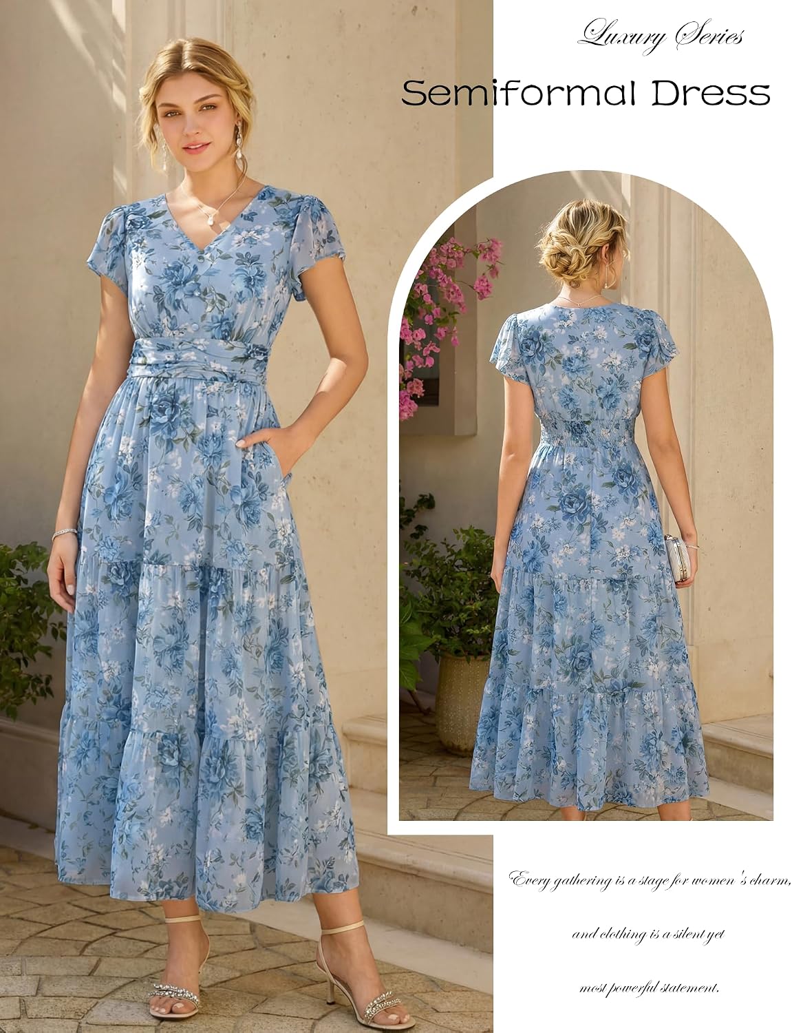 Detalle de GRACE KARIN 2026 Women's Summer Maxi Dress with Floral Print, V-Neck, Pockets, and Side Zipper