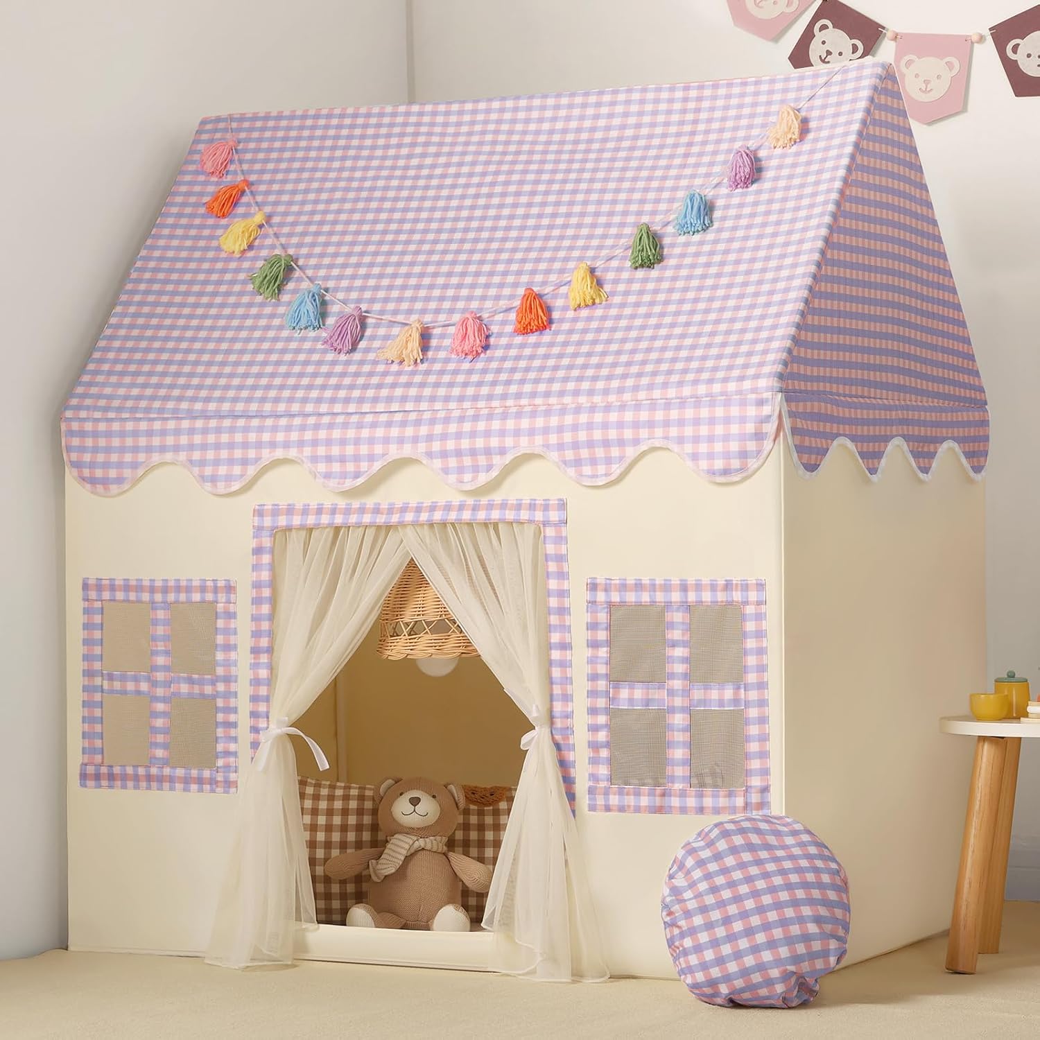 Detalle de Wilwolfer Kids Play Tent Indoor Princess PlayHouse with Padded Mat and Tassel Garland (67.5×97×107.5)