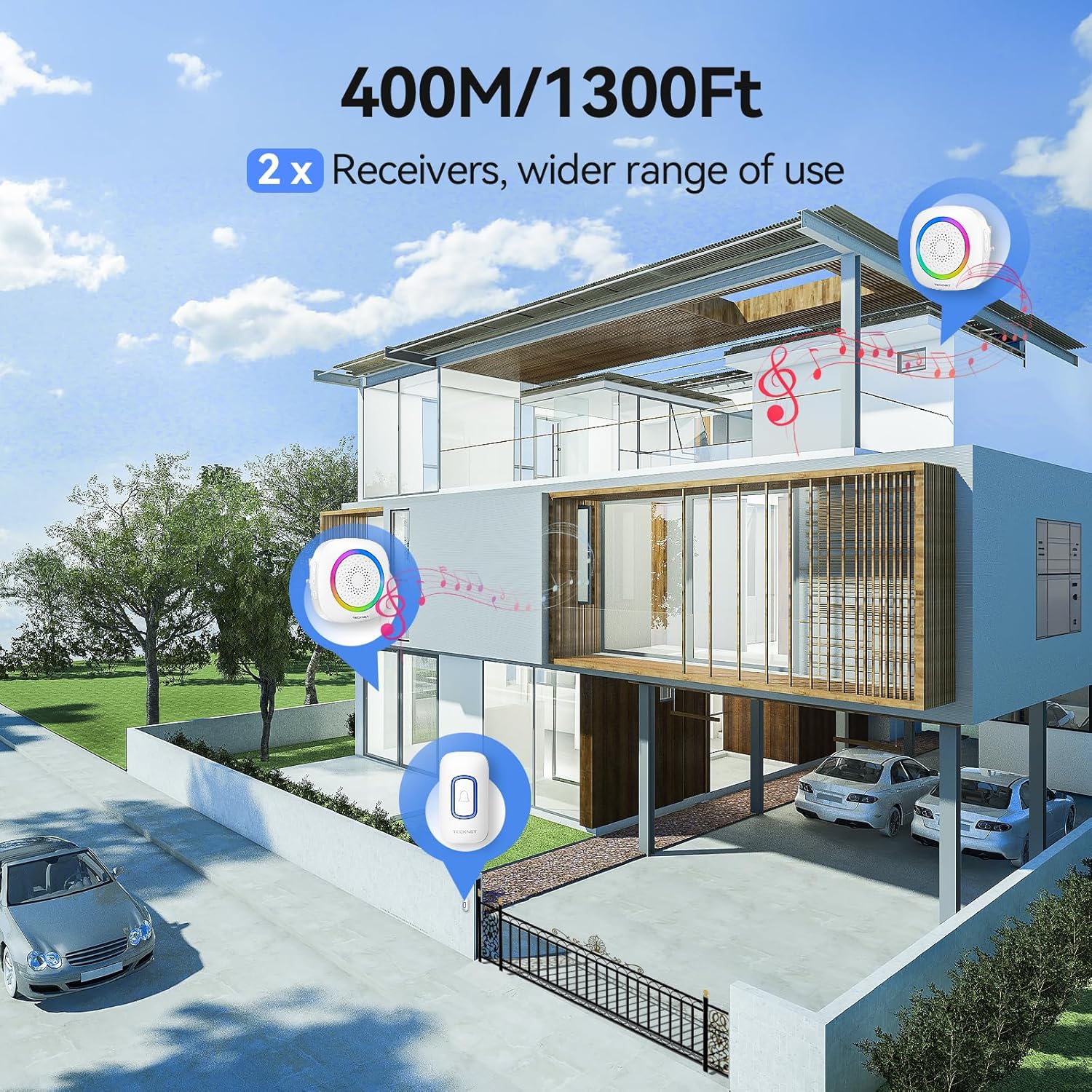 Thumbnail 2 de TECKNET Wireless Doorbell kit with 2 plug-in receivers, 60 chimes and IP66 weatherproof range up to 400m