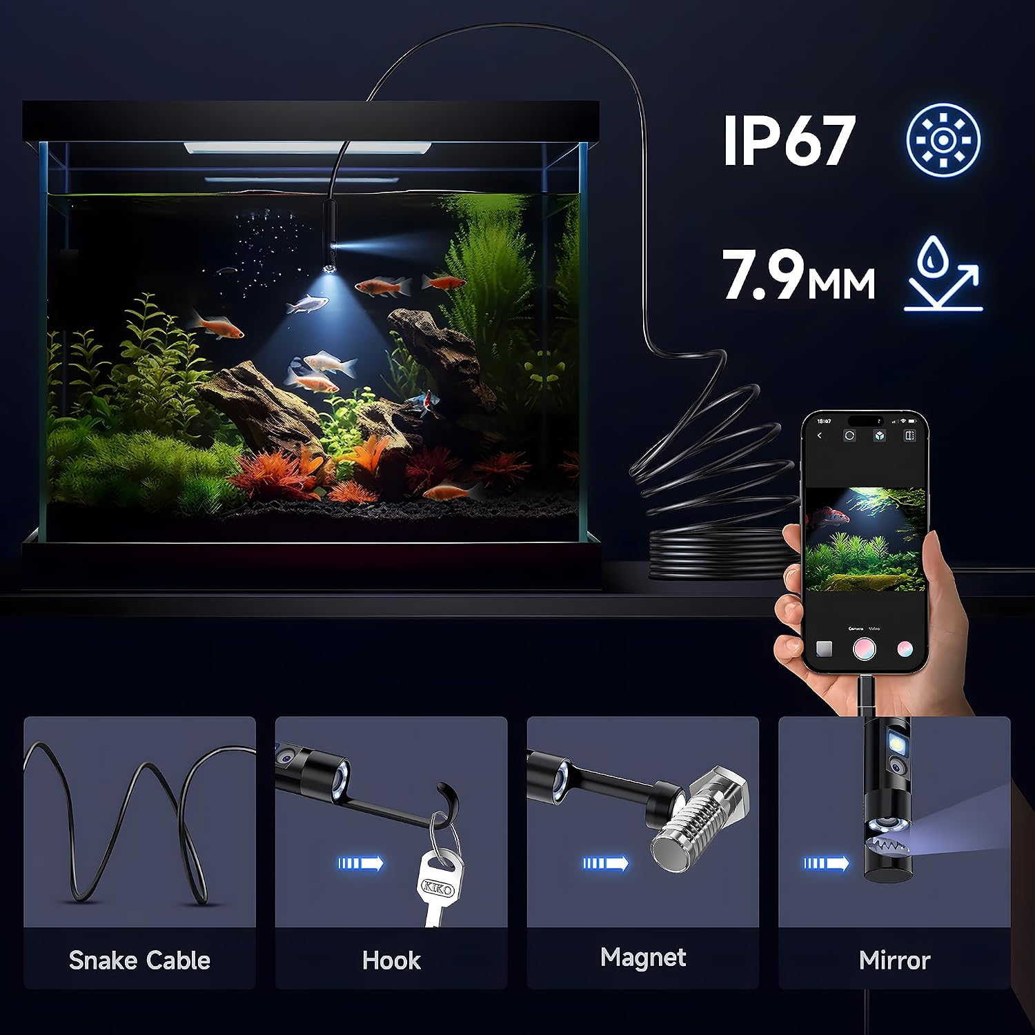 Detalle de Elecshion Dual-Lens Endoscope Camera, 1920P, 16.5FT Semi-Rigid Cable