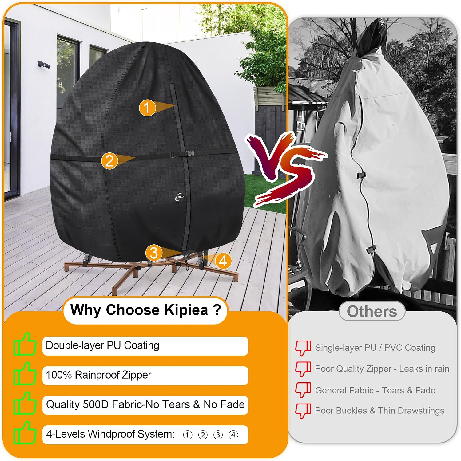 Thumbnail 6 de Kipiea 500D Double Egg Chair Cover, Waterproof Zipper, Windproof, UV-Resistant
