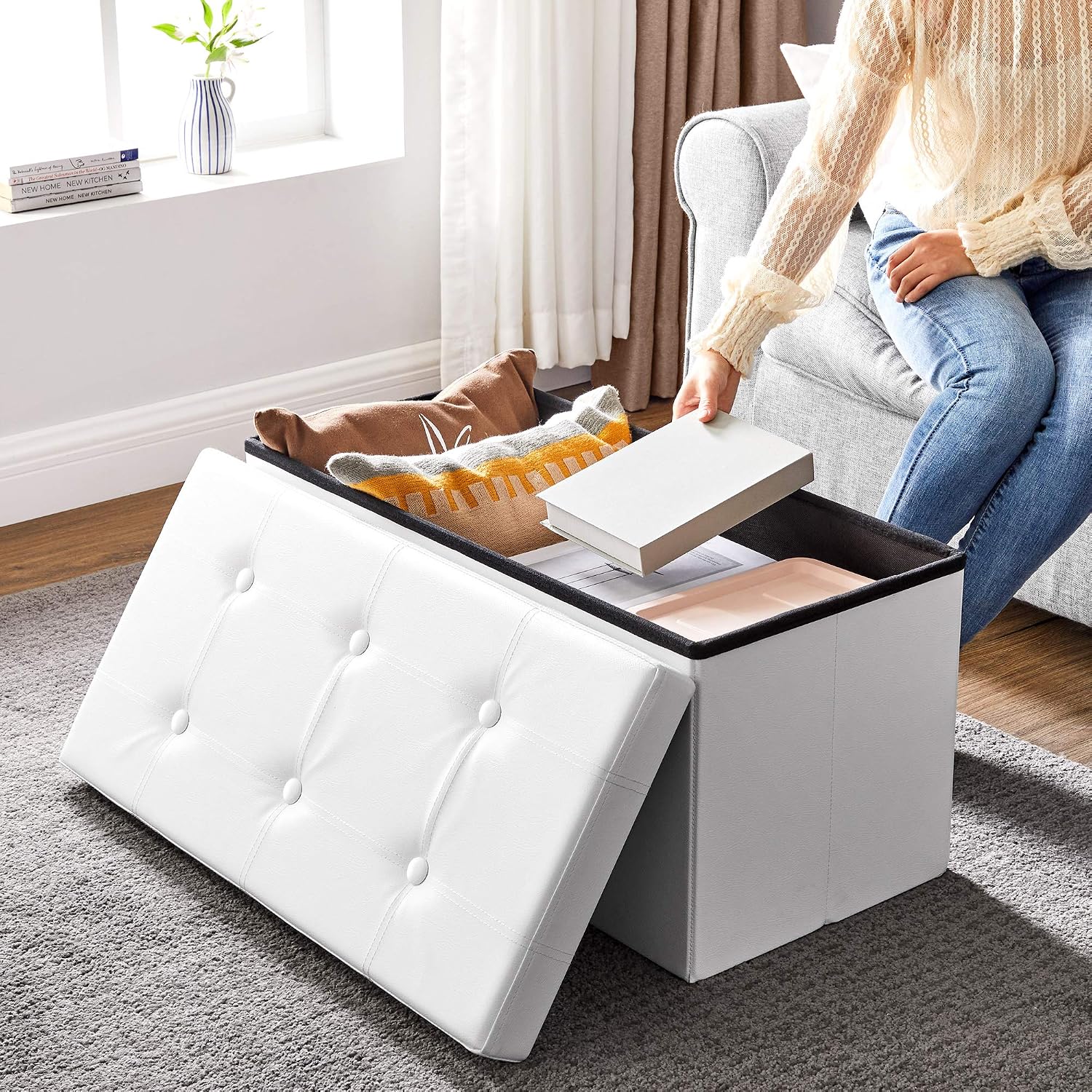 Detalle 2 de SONGMICS LSF040R01 cassapanca contenitore da 76 cm con pouf imbottito e capacità fino a 89 L