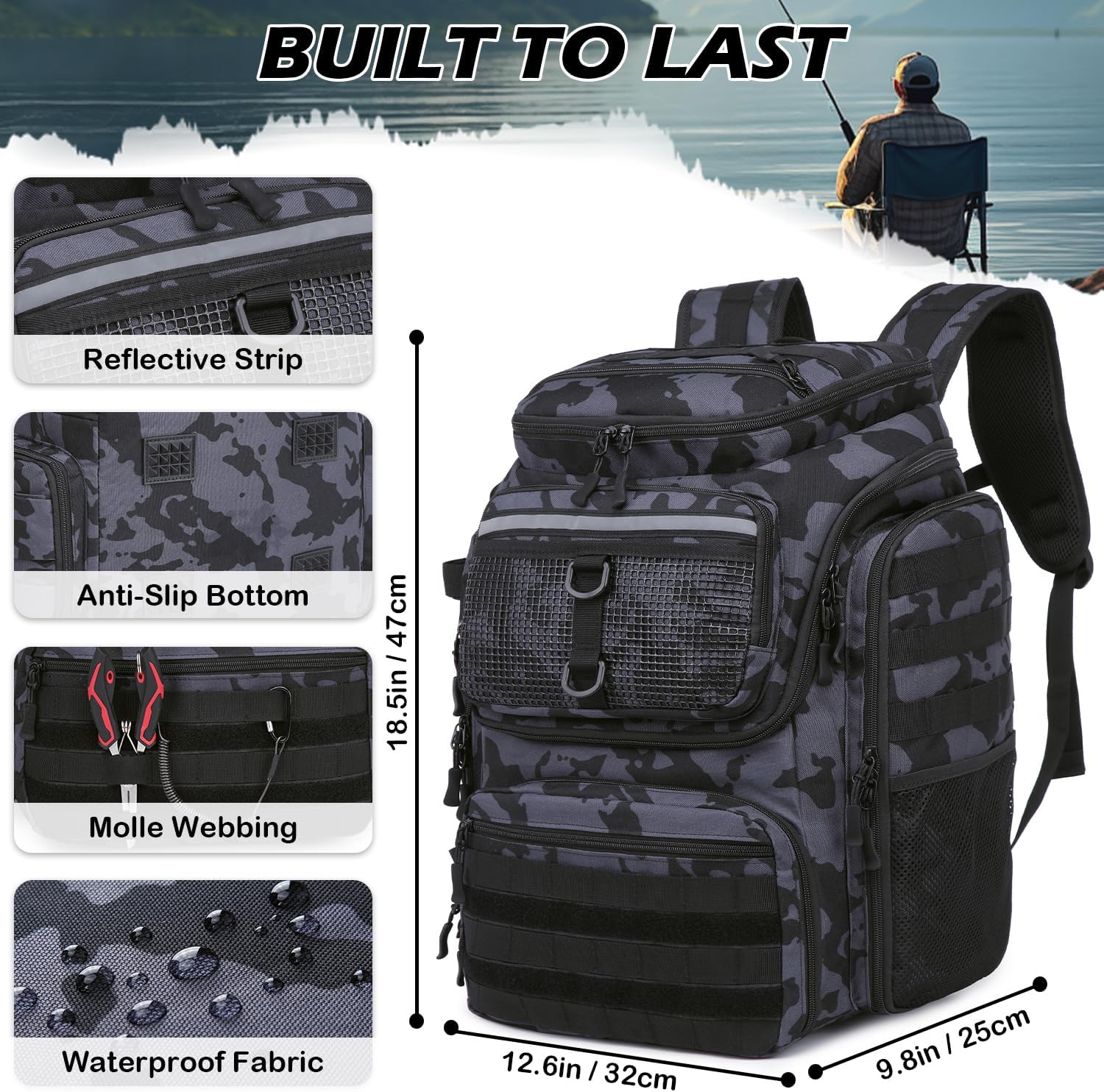 Detalle 2 de BlesMaller Angelrucksack mit Rutenhaltern & Kühlfach 45L – wasserdicht, vielseitig, für Angeln und Outdoor
