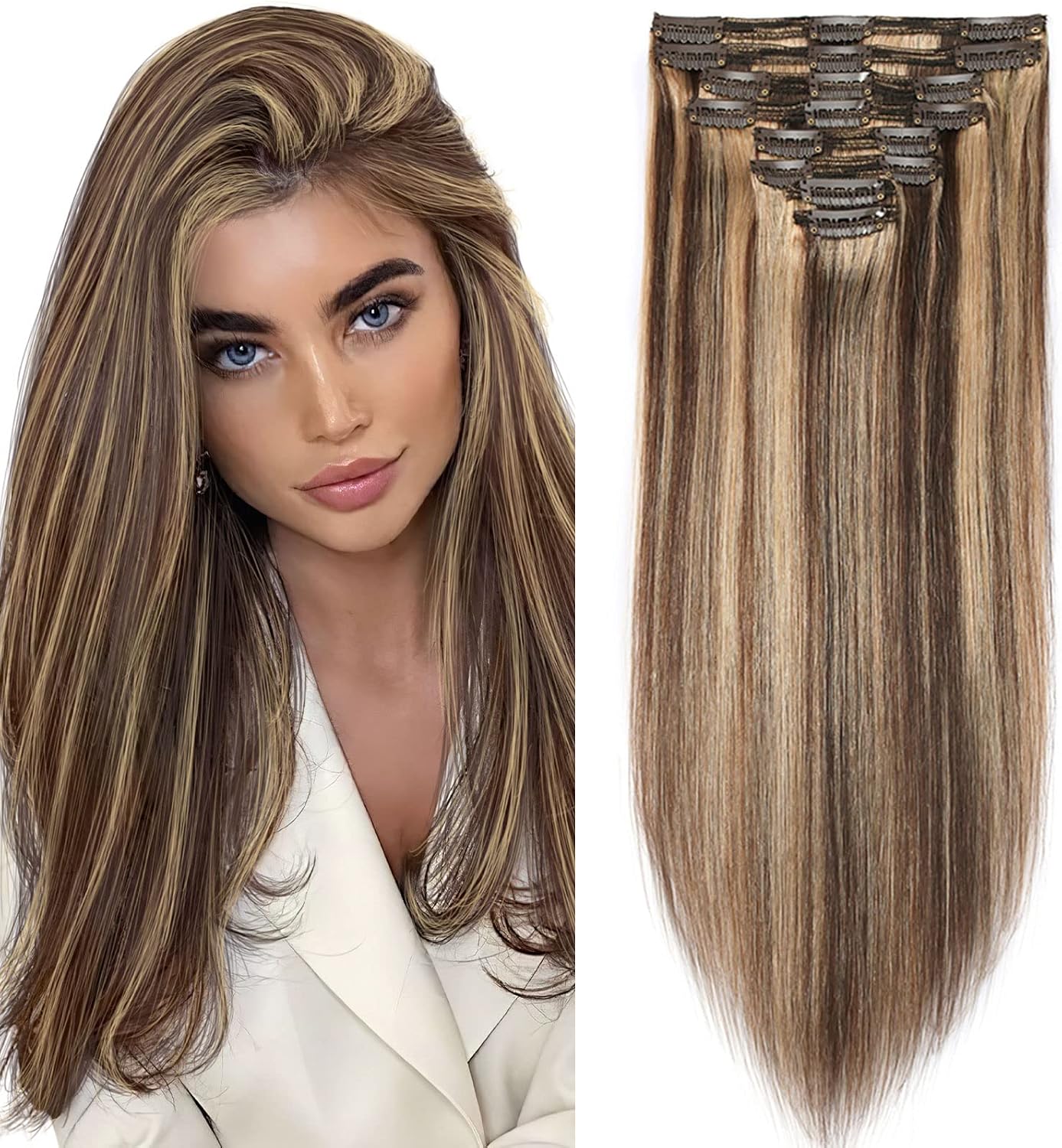 Detalle de SEGO Extension Clip Capelli Veri Marrone Mix 4P27 – 45 cm, 18 Clip, 8 Fasce Remy a Doppia Tessitura