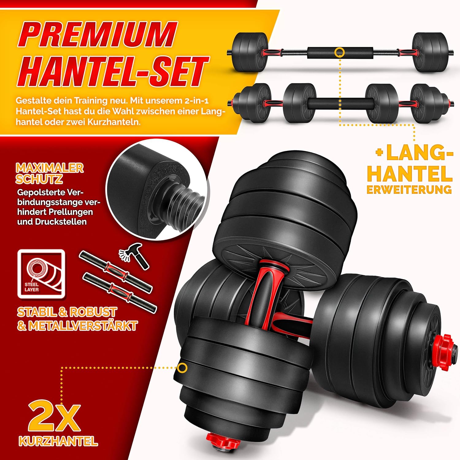 Detalle de RE:SPORT 2-in-1 Hantelset 15–30 kg – Kurzhantel & Langhantel mit 400-mm Verbindungsrohr