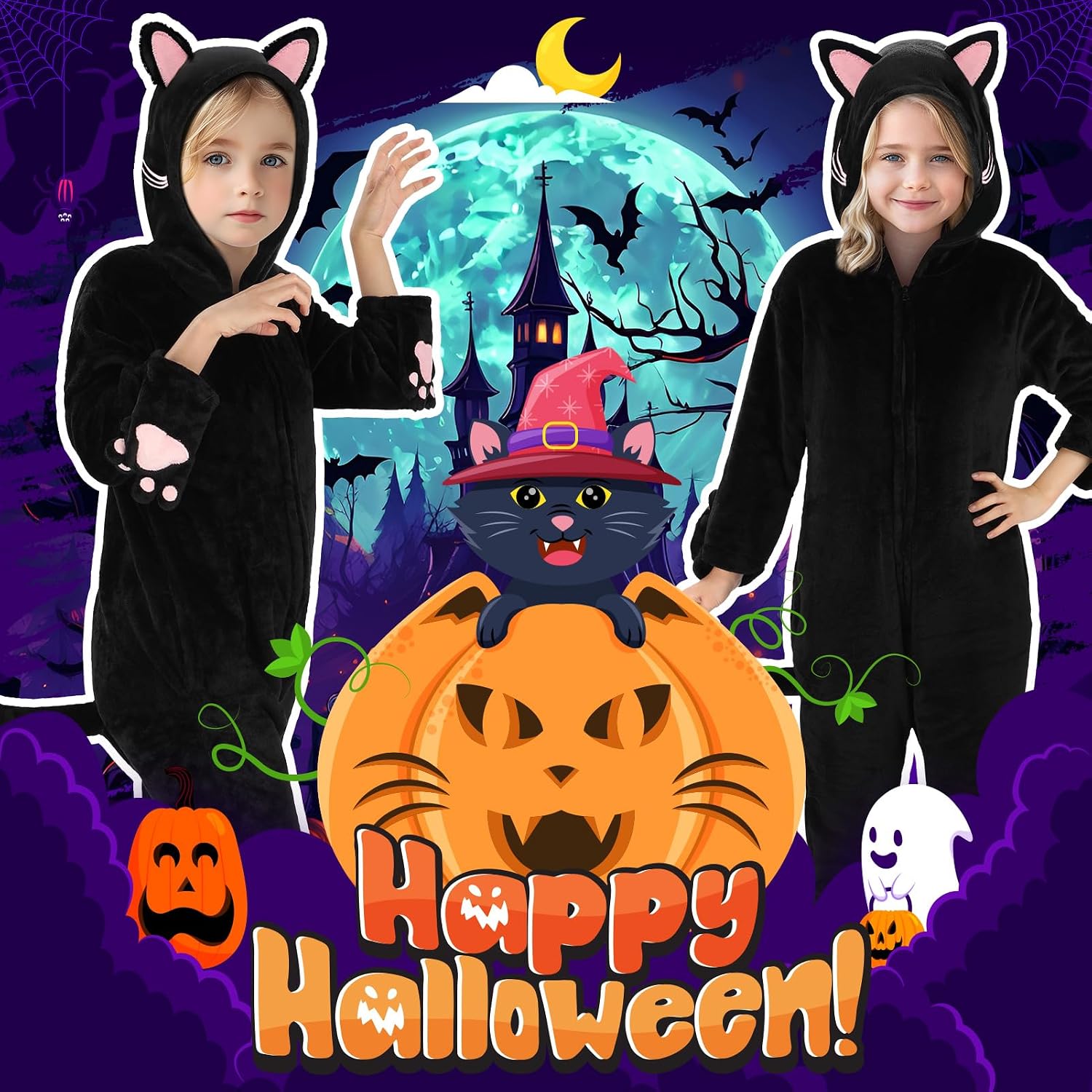 Thumbnail 5 de Joycover Black Cat Costume Onesie for Girls with Hood, Tail and Paw Gloves