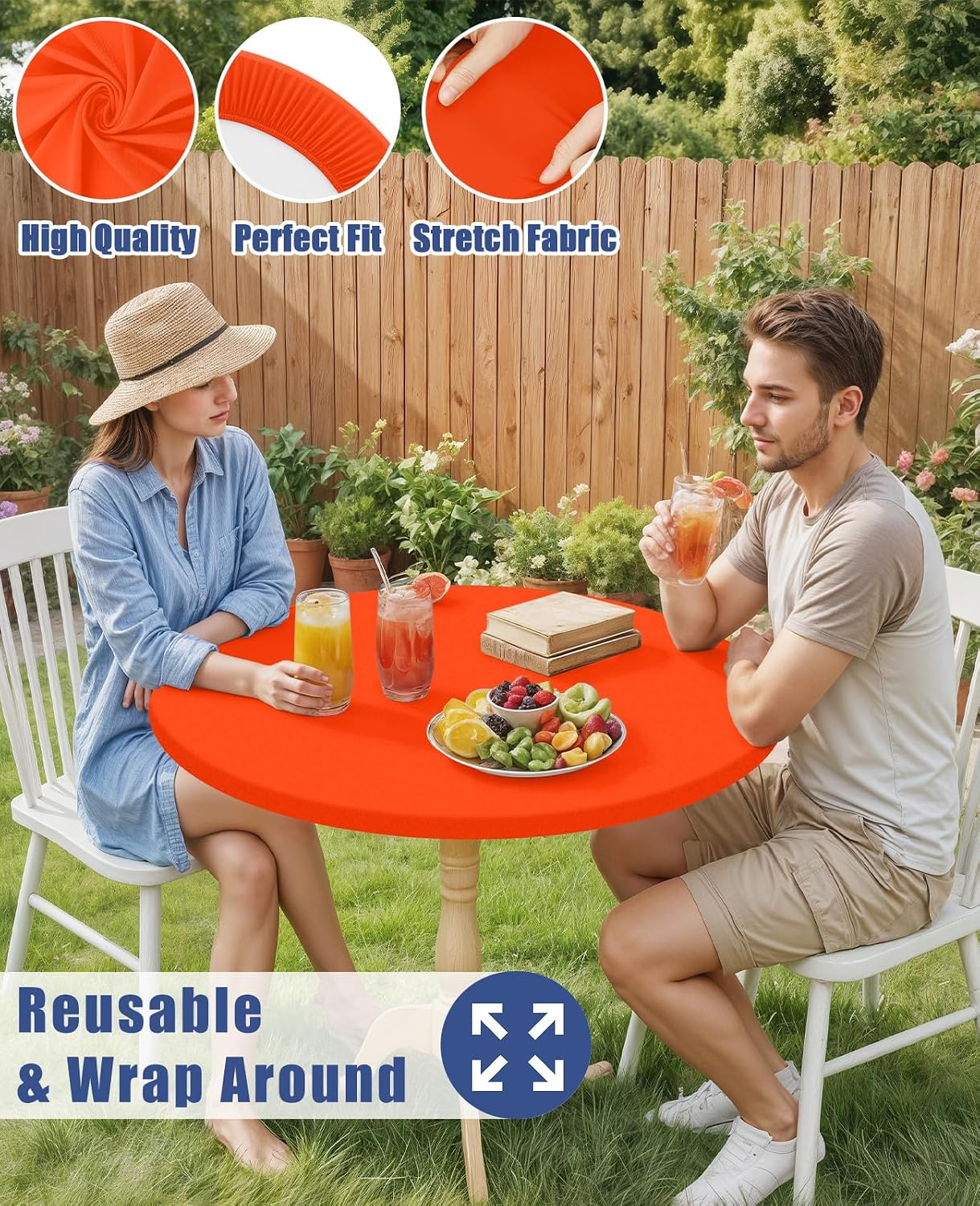 Detalle de Moosfor Round Spandex Tablecloth: Elastic, Waterproof Fitted Cover for 31–35 inch Tables (Orange)