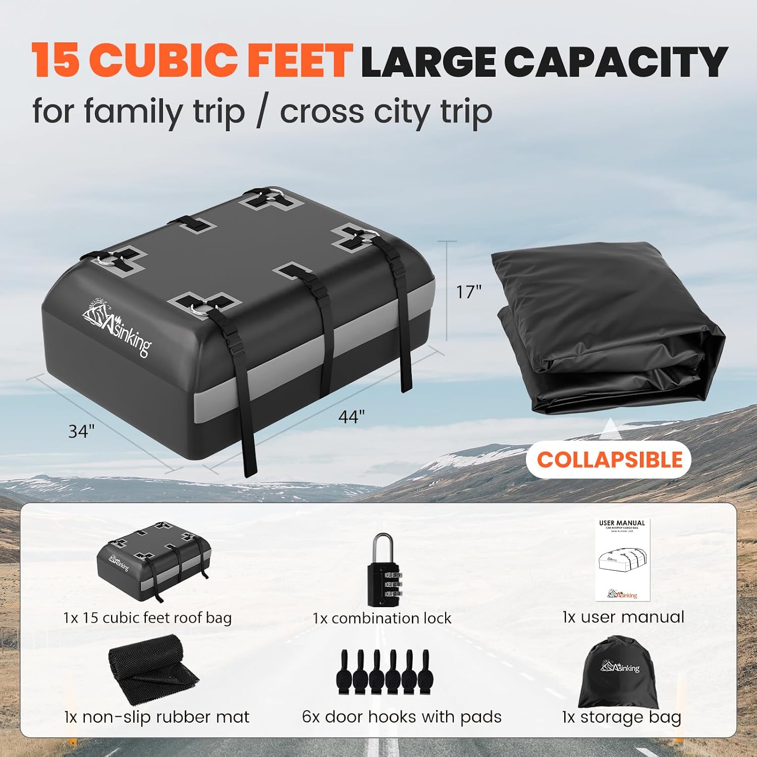 Detalle de Asinking Rooftop Cargo Carrier Bag 15 Cubic Feet