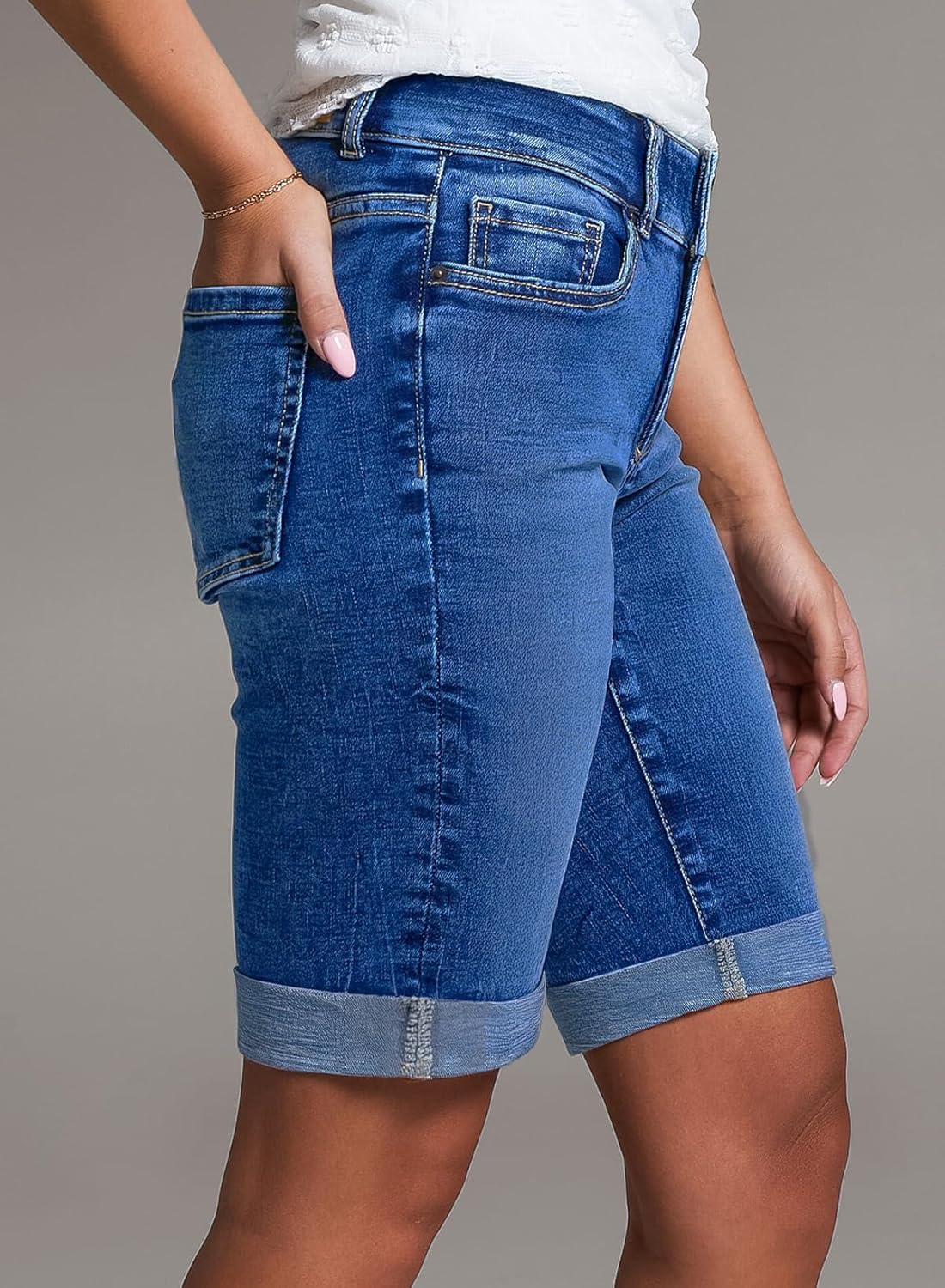 Detalle de Sidefeel Women's High Waisted Stretch Denim Bermuda Shorts with Rolled Hem