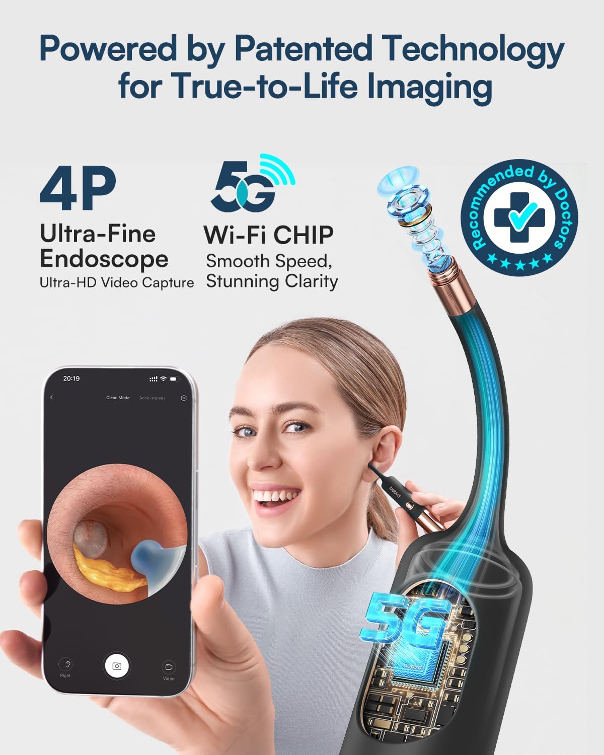 Detalle de BEBIRD EarSight Ultra otoscoop met flexibele camera, licht en 5 opzetstukken