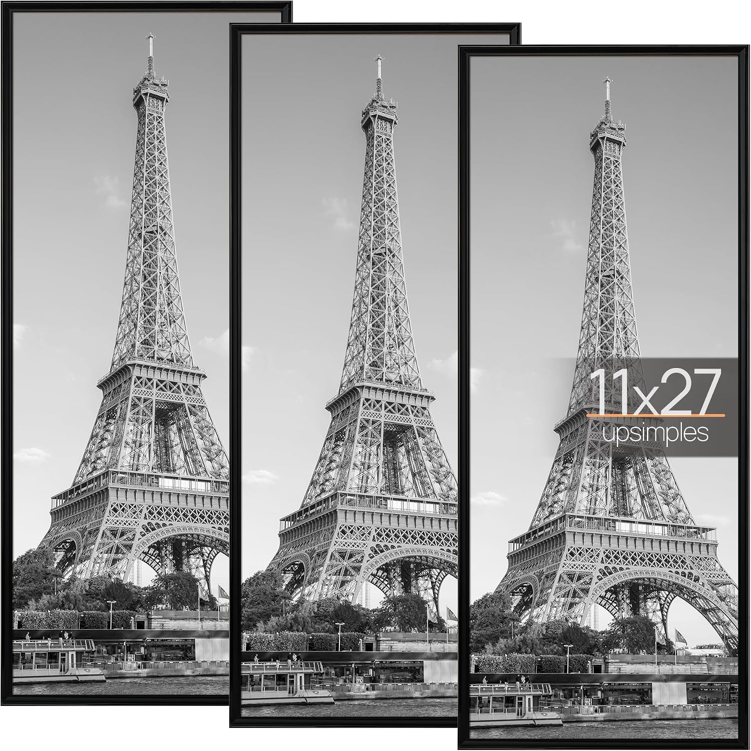 upsimples 11x27 Picture Frame Black 3 Pack — Scratch-Proof Frames with Slide-In Strips for Gallery Walls