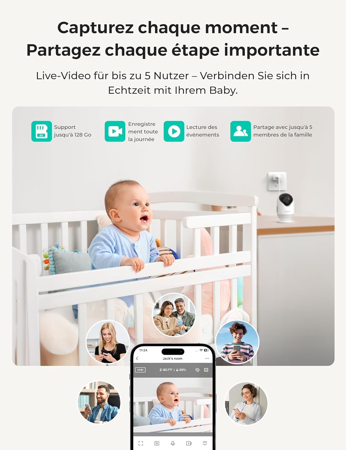 Thumbnail 5 de Dr.Care Babyphone avec application téléphone, WiFi, écran 4“ et 2 caméras (1080P/écran divisé 720P)
