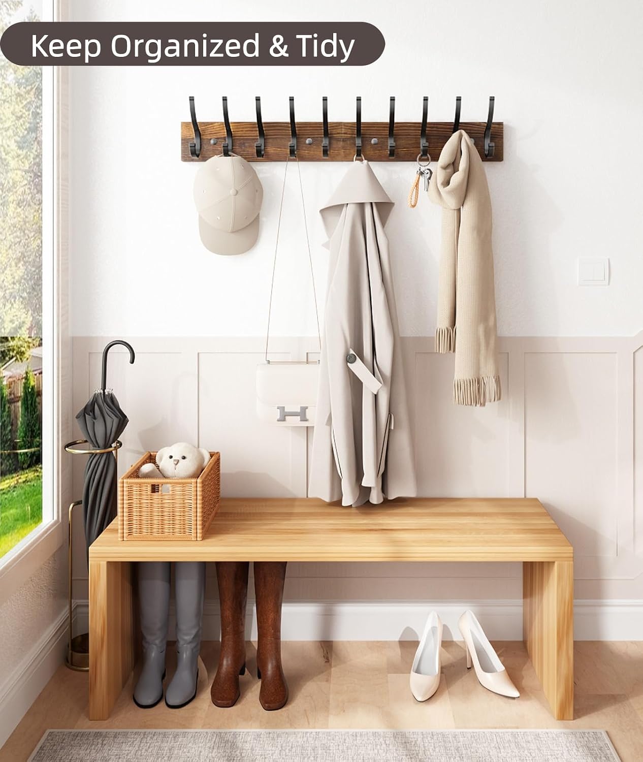 Detalle de Optish coat hooks3 Wooden Wall Coat Rack, 10 Double Hooks, Rustic Brown