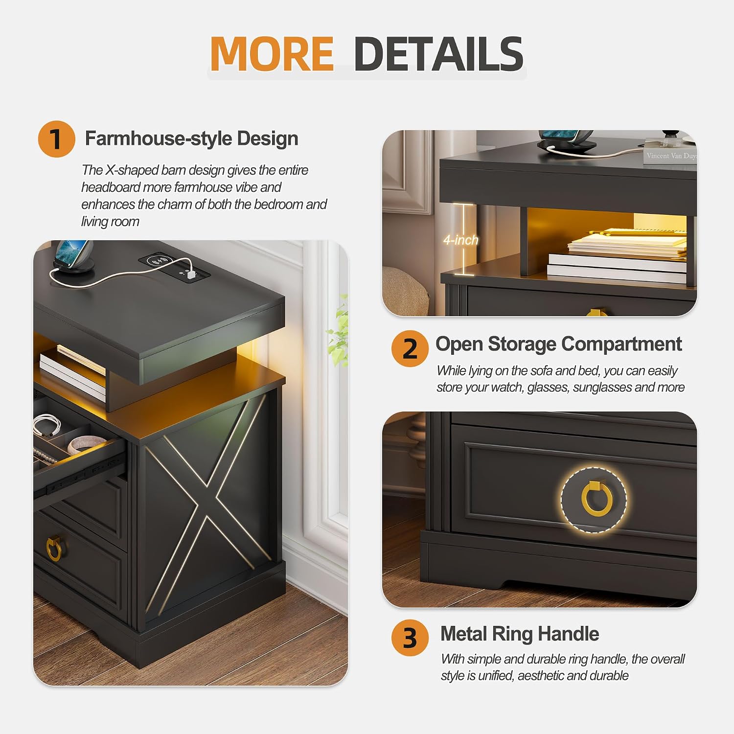 Thumbnail 5 de Gurexl LED Bedside Table with Gun Drawer: USB-C, Wireless Charging, and Motion-Activated Lighting