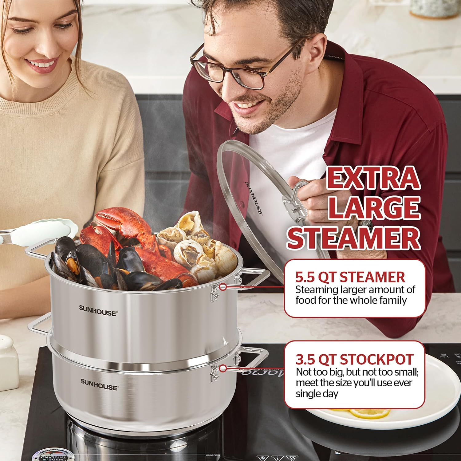Detalle 2 de SUNHOUSE 2-Tier Stainless Steel Steamer Pot 5.5 QT 🍲