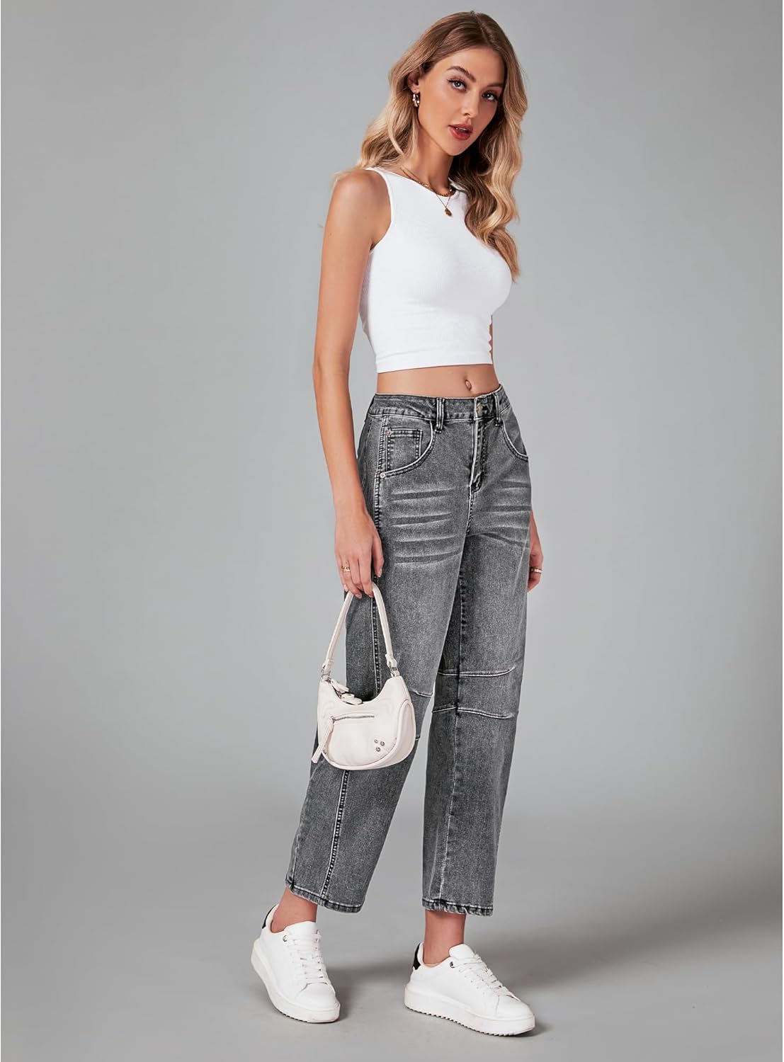 Thumbnail 4 de GRAPENT Barrel Jeans for Women: Trendy High-Waisted Wide-Leg Cropped Stretch Denim Ankle Pants