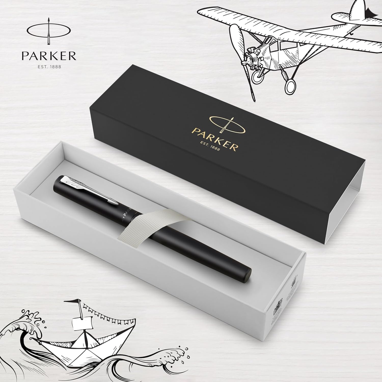 Detalle de Parker Vector XL Fountain Pen in Metallic Black Lacquer with Medium Nib and Blue Ink Refill (Gift Box)