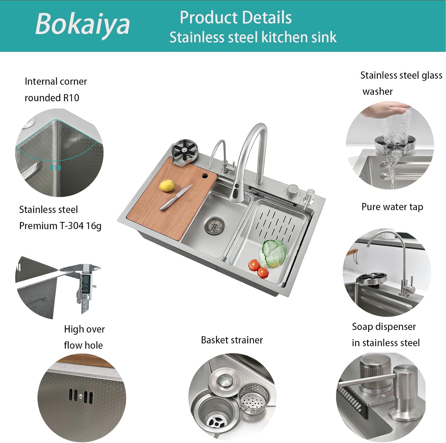Detalle 2 de Bokaiya Kitchen Sink Multifunction Waterfall 75x45cm