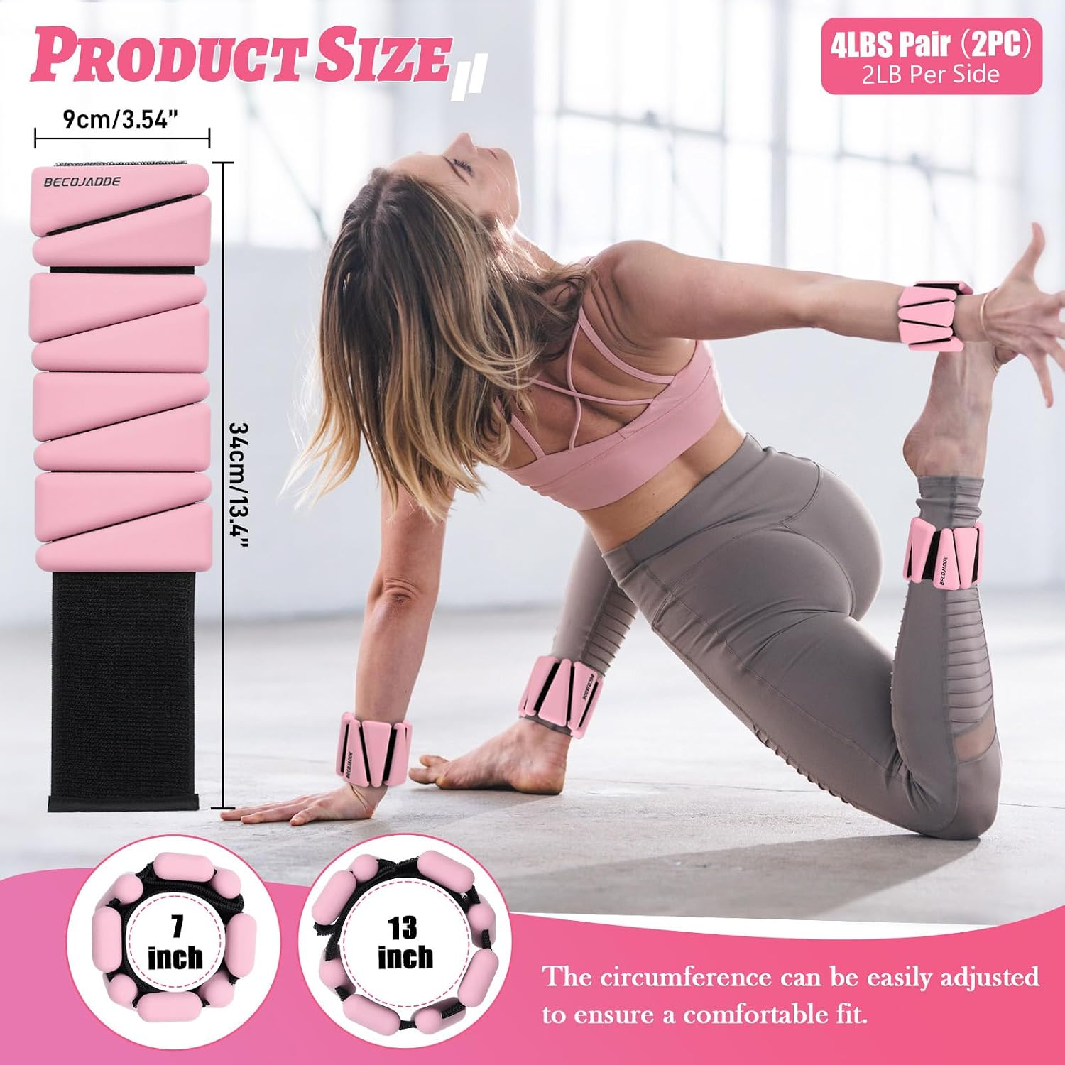 Thumbnail 6 de BECOJADDE Adjustable Ankle and Wrist Weights, 4 lb Pair, Pink