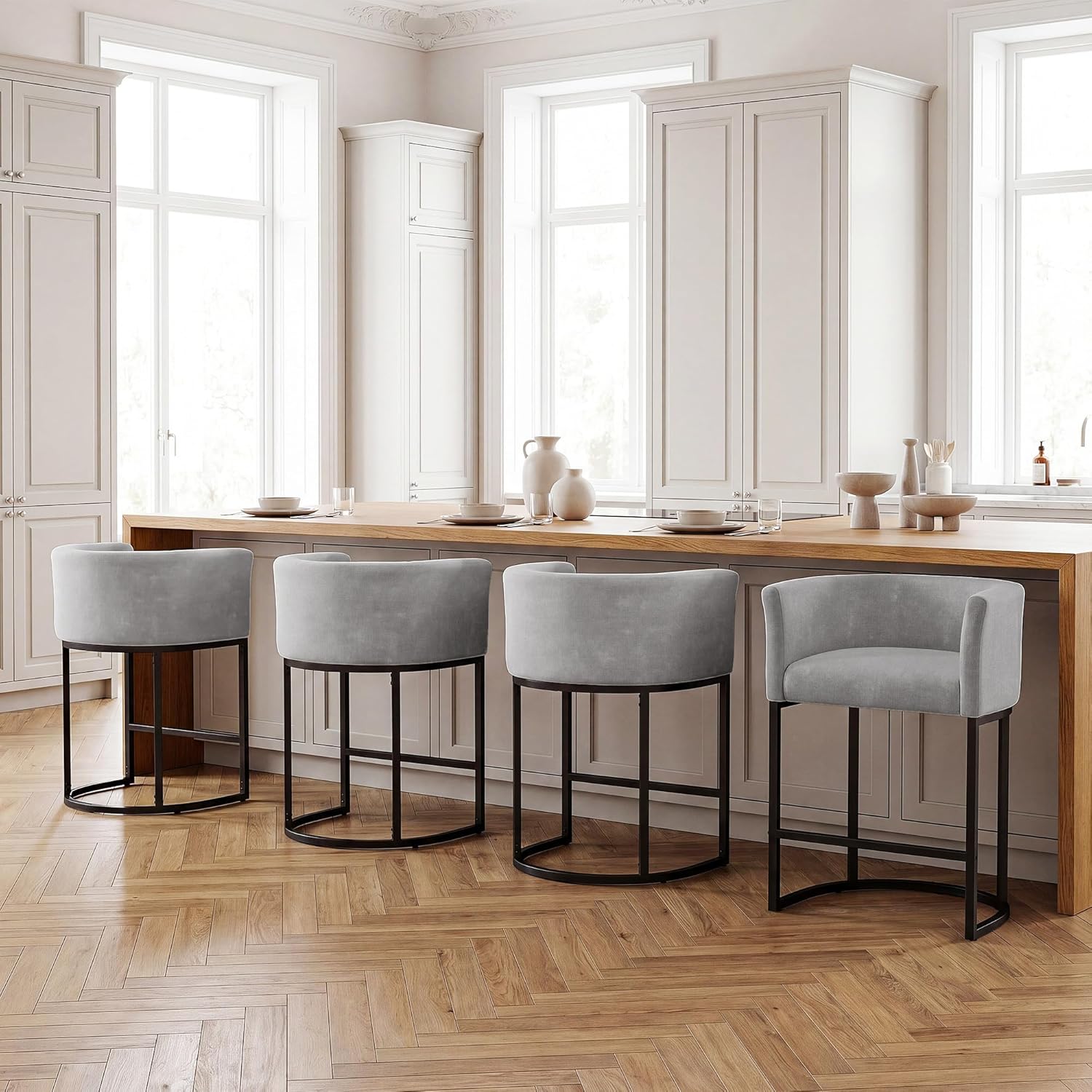 Detalle de GRUSIGN BY-TEZ Chenille Counter-Height Bar Stools, Set of 4, Gray