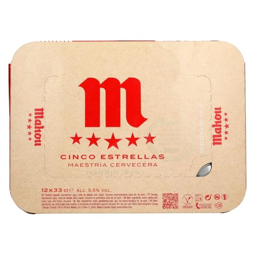 Detalle de Mahou 5 Estrellas – Pack de 12 latas de 33 cl, Cerveza Lager Dorada
