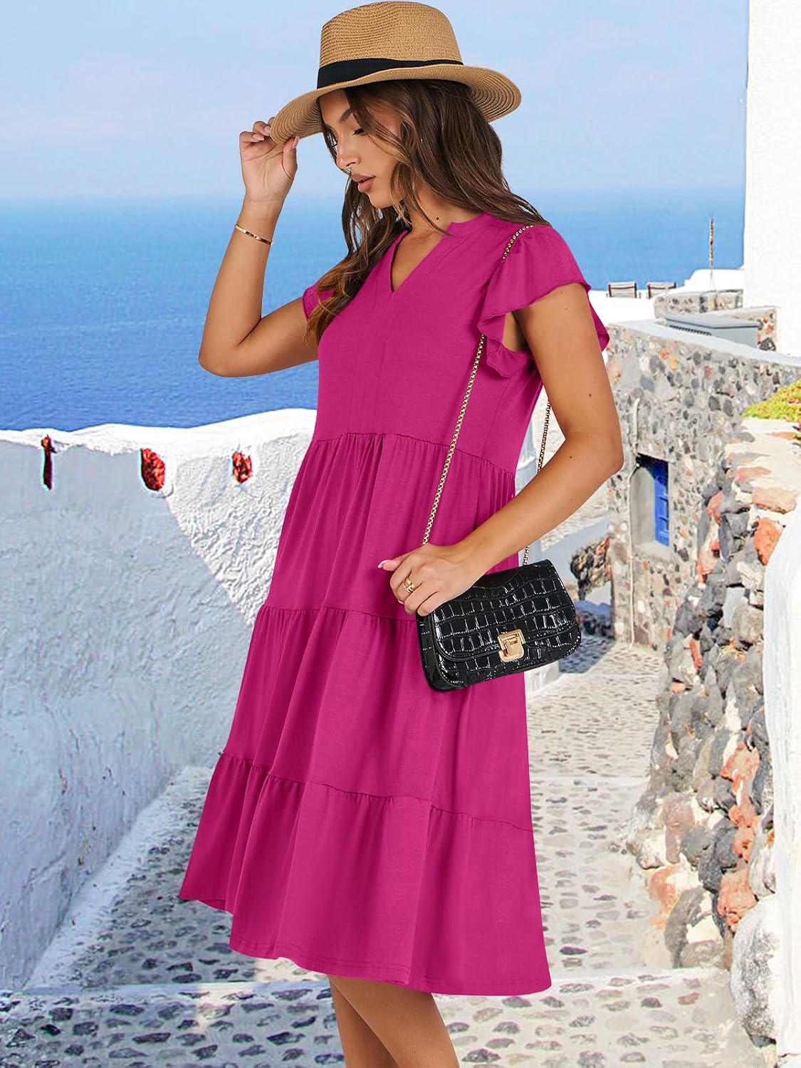 Detalle de ANRABESS Women's Summer Dress with Ruffle Sleeves – V-Neck Midi Boho Floral/Solid