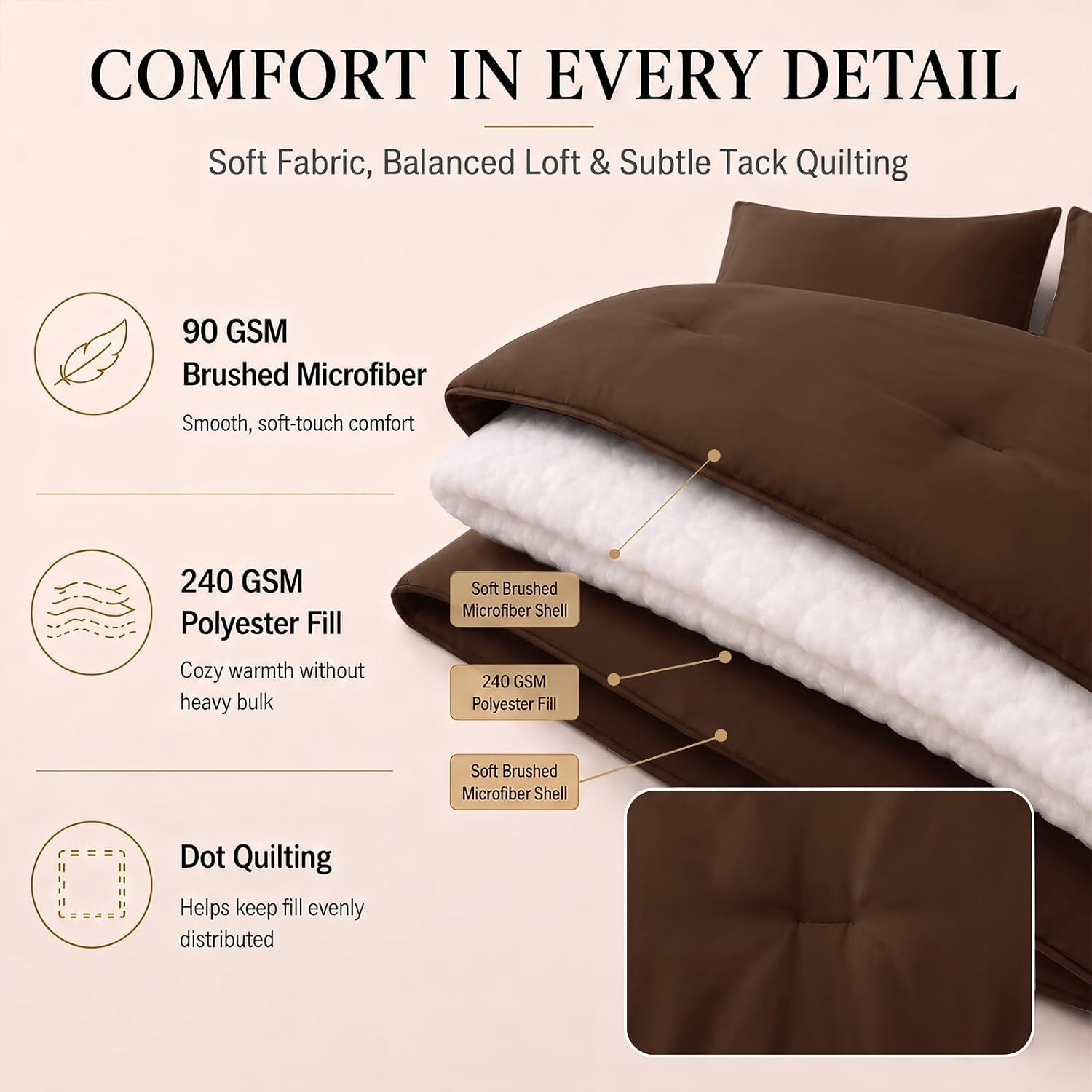 Detalle de CozyLux Queen Comforter Set, 7-Piece Brown Bed-in-a-Bag, 240 GSM Microfiber