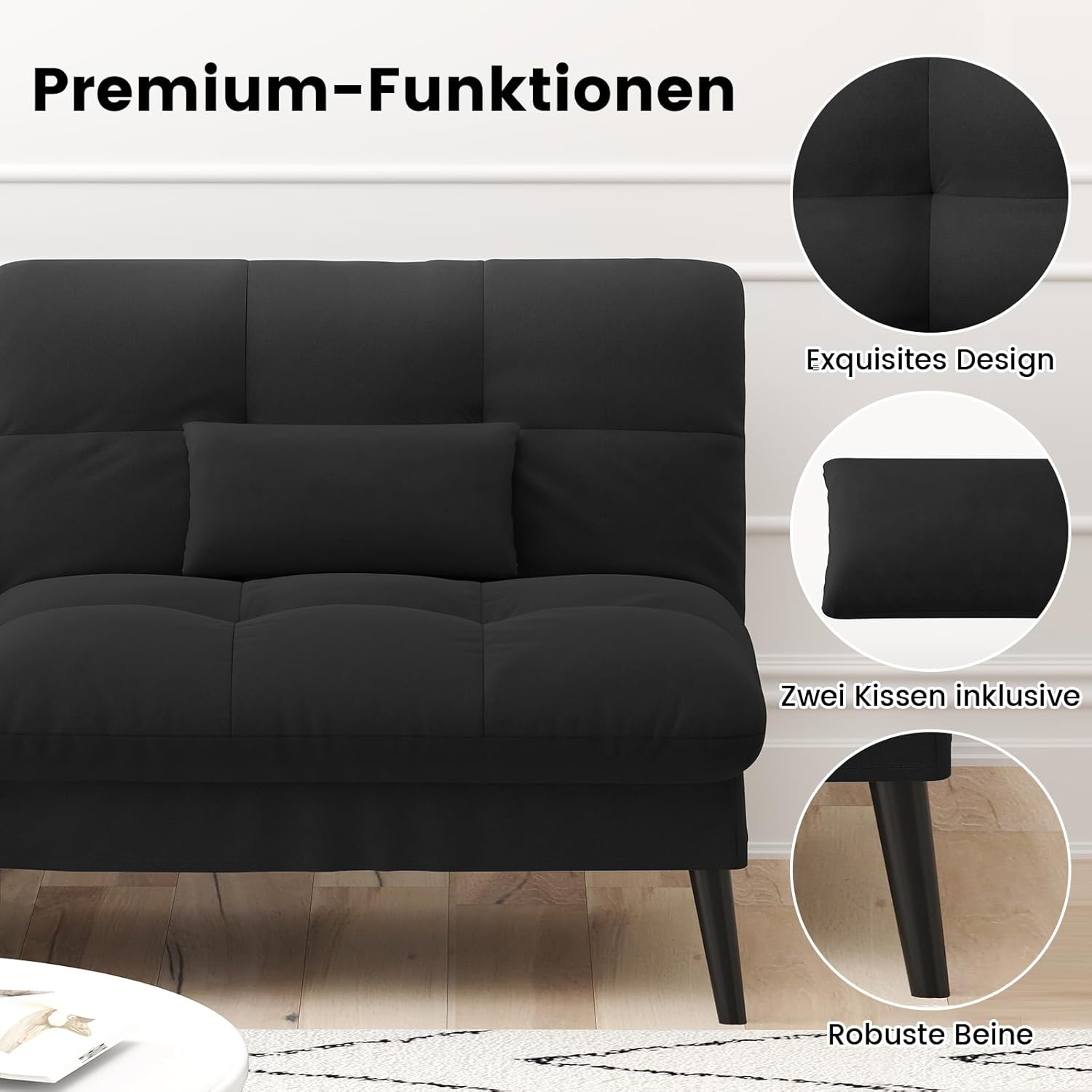 Thumbnail 6 de LUCKRACER Sofa 3 Sitzer Schlafsofa mit 5-fach verstellbarer Rückenlehne – Schwarz