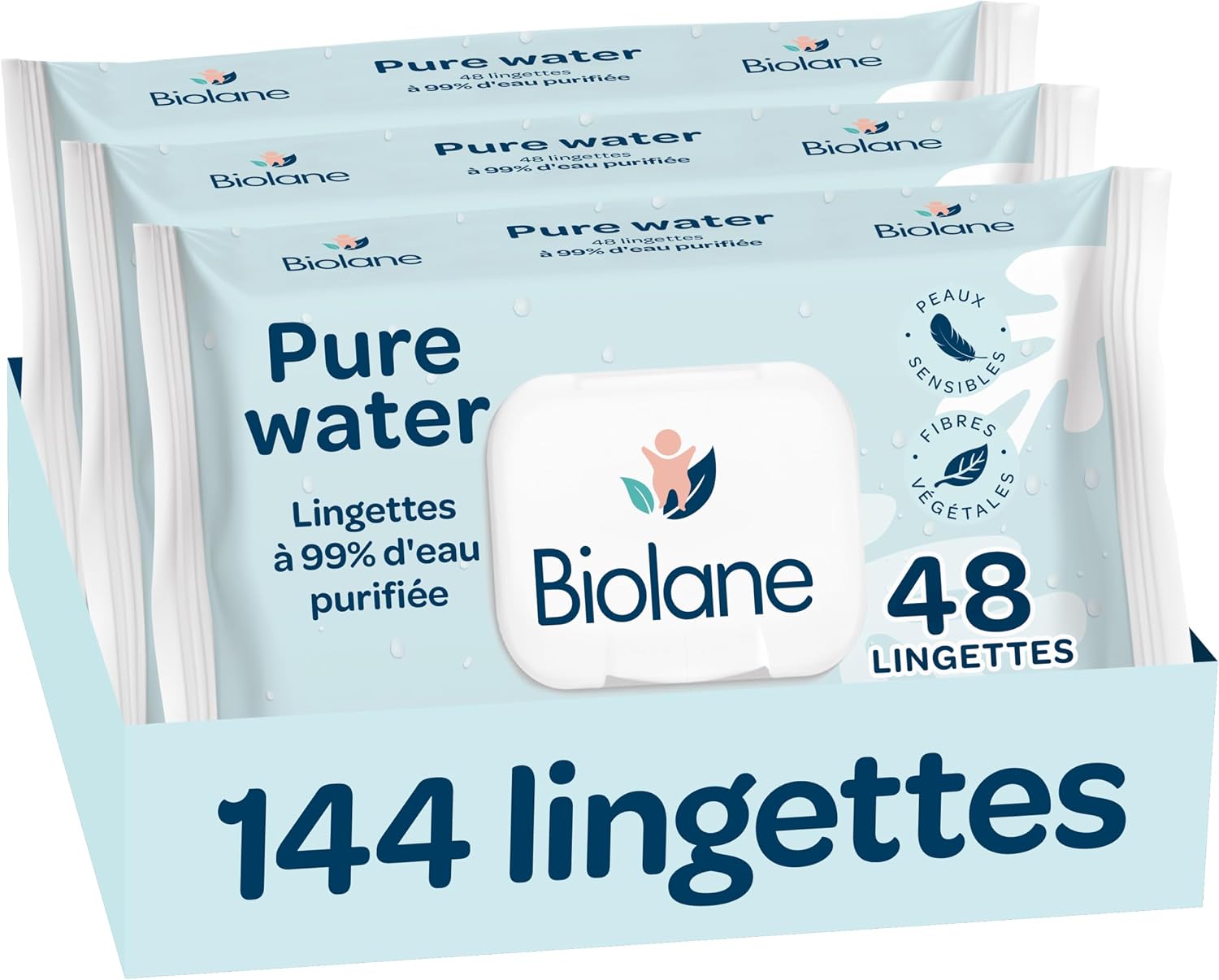 Detalle de BIOLANE Lingettes bébé Pure Water — Lot de 3x48 (144 lingettes) – pour peau sensible dès la naissance
