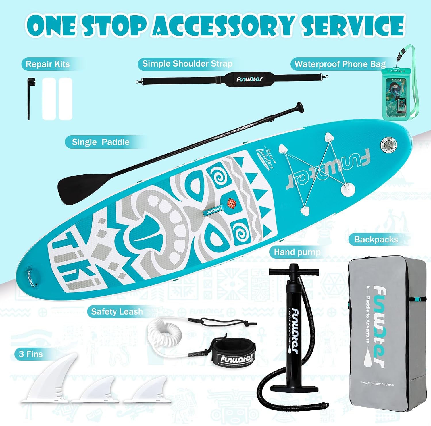 Detalle de FunWater TIKI Inflatable SUP: All-in-One Pack for Beginners to Pros