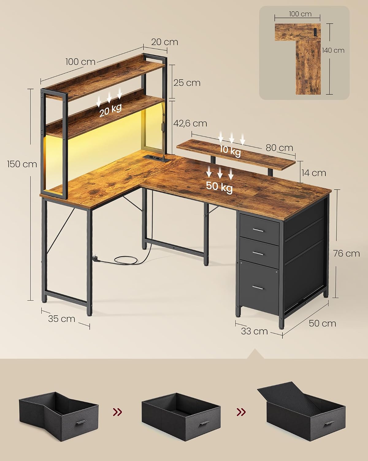 Detalle de VASAGLE LWD162K101 – biurko narożne z LED, gniazdami i 3 szufladami