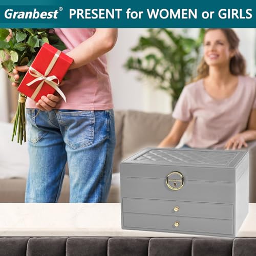 Thumbnail 6 de Granbest Portagioie a 3 strati con 2 cassetti – Porta gioielli in pelle grigio
