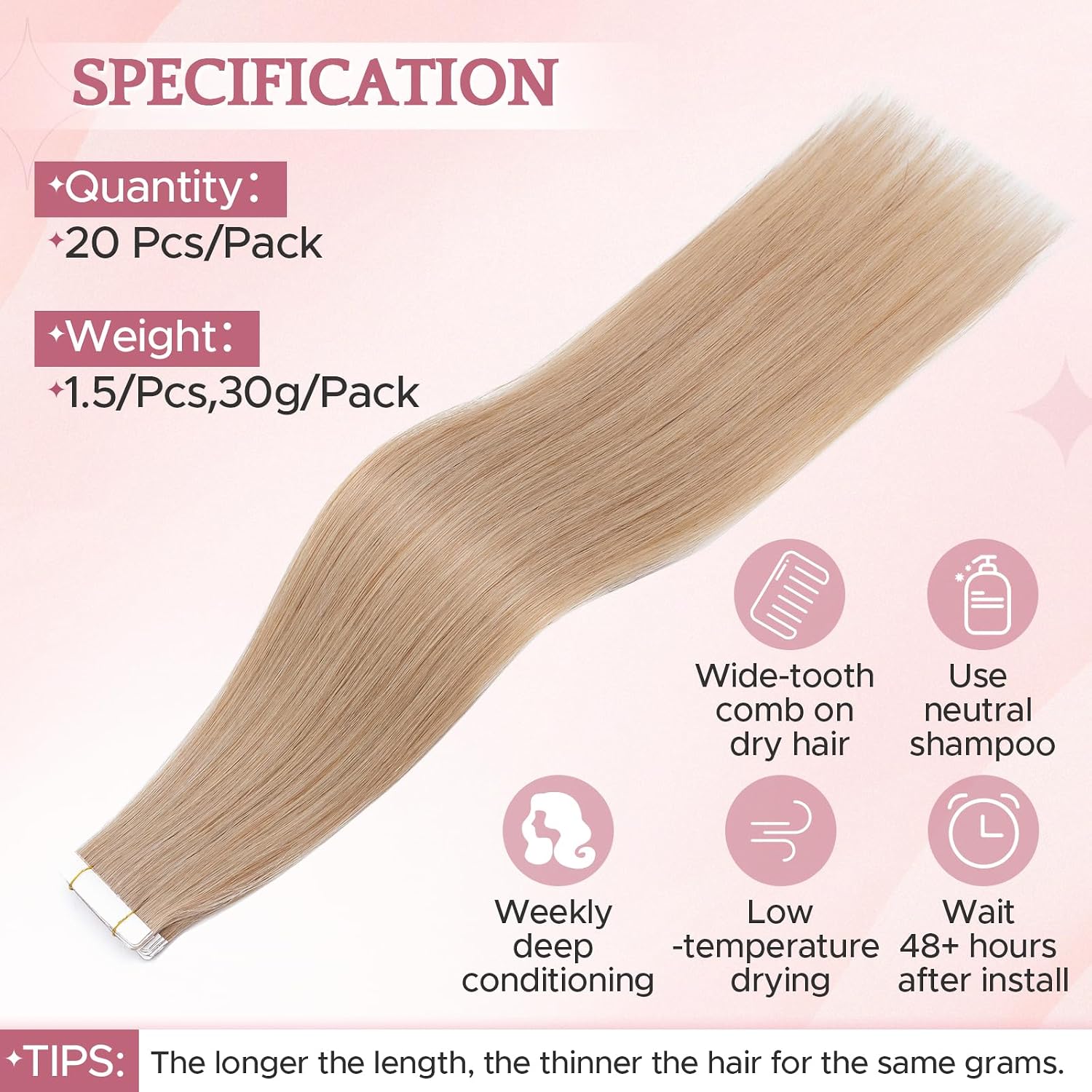 Detalle de SEGO Extension Cheveux Naturel Adhesif Lisse Leger 20 Pièces – Ruban Blanc 45 cm