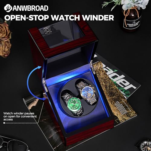 Detalle de ANWBROAD Enrollador para Relojes Automáticos — Caja giratoria de lujo para 2 relojes, 4 modos de rotación y funcionamiento super silencioso