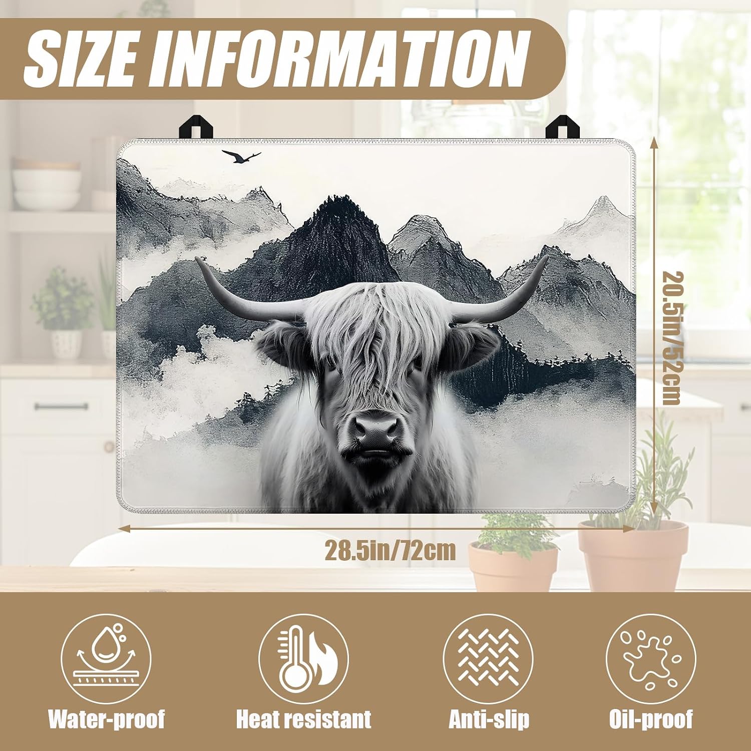Detalle 2 de GANTINIR Highland Cow Mountain Stove Top Cover, 28 x 20-Inch Rubber Mat