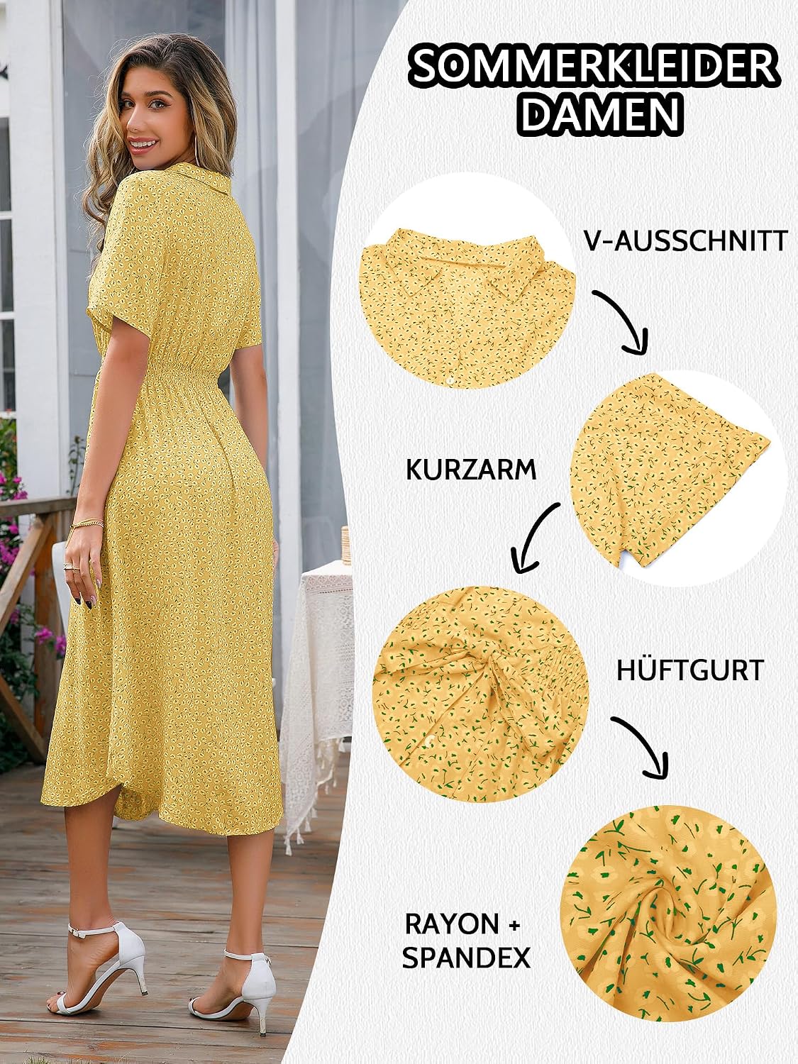 Detalle 2 de Livonmone Sommerkleid Damen – Boho-Kleid mit V-Ausschnitt, Blumendruck und Gürtel
