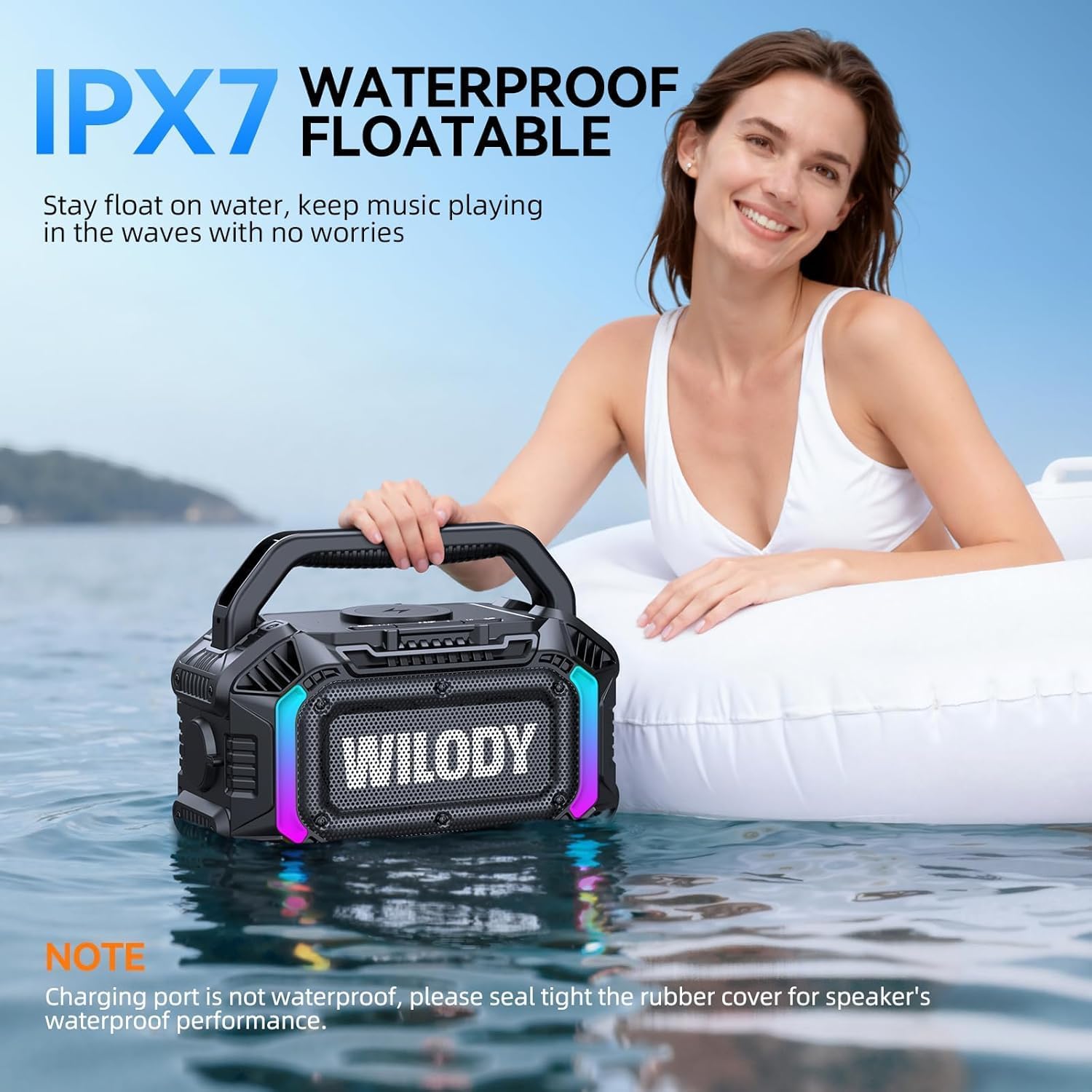 Detalle 2 de Wilody 100W Tragbarer Bluetooth-Lautsprecher – IPX7, RGB-Play, TWS & USB-C, 20 h Akku
