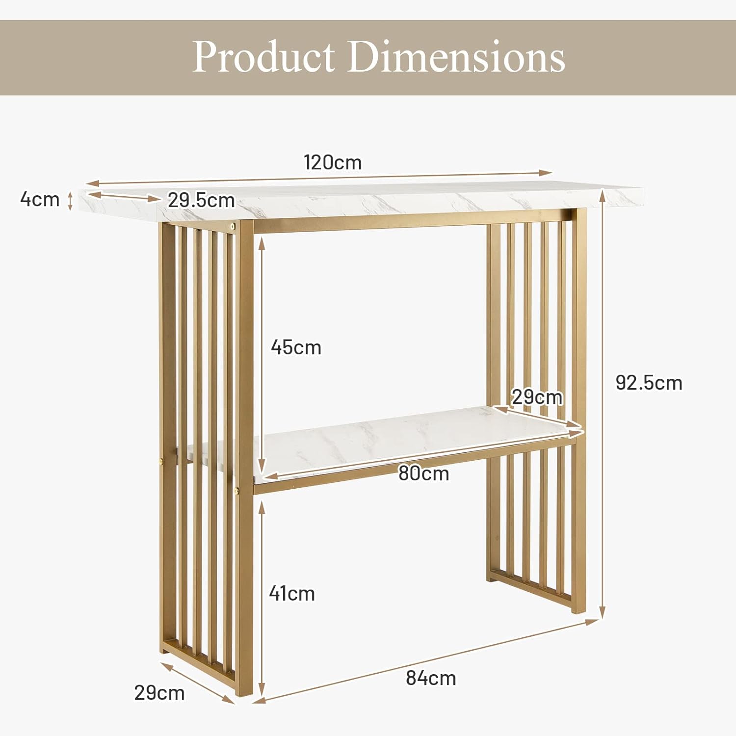 Thumbnail 1 de LIFEZEAL Table Console à 2 Niveaux – Plateau faux marbre blanc et cadre doré, 120 x 30 x 93 cm