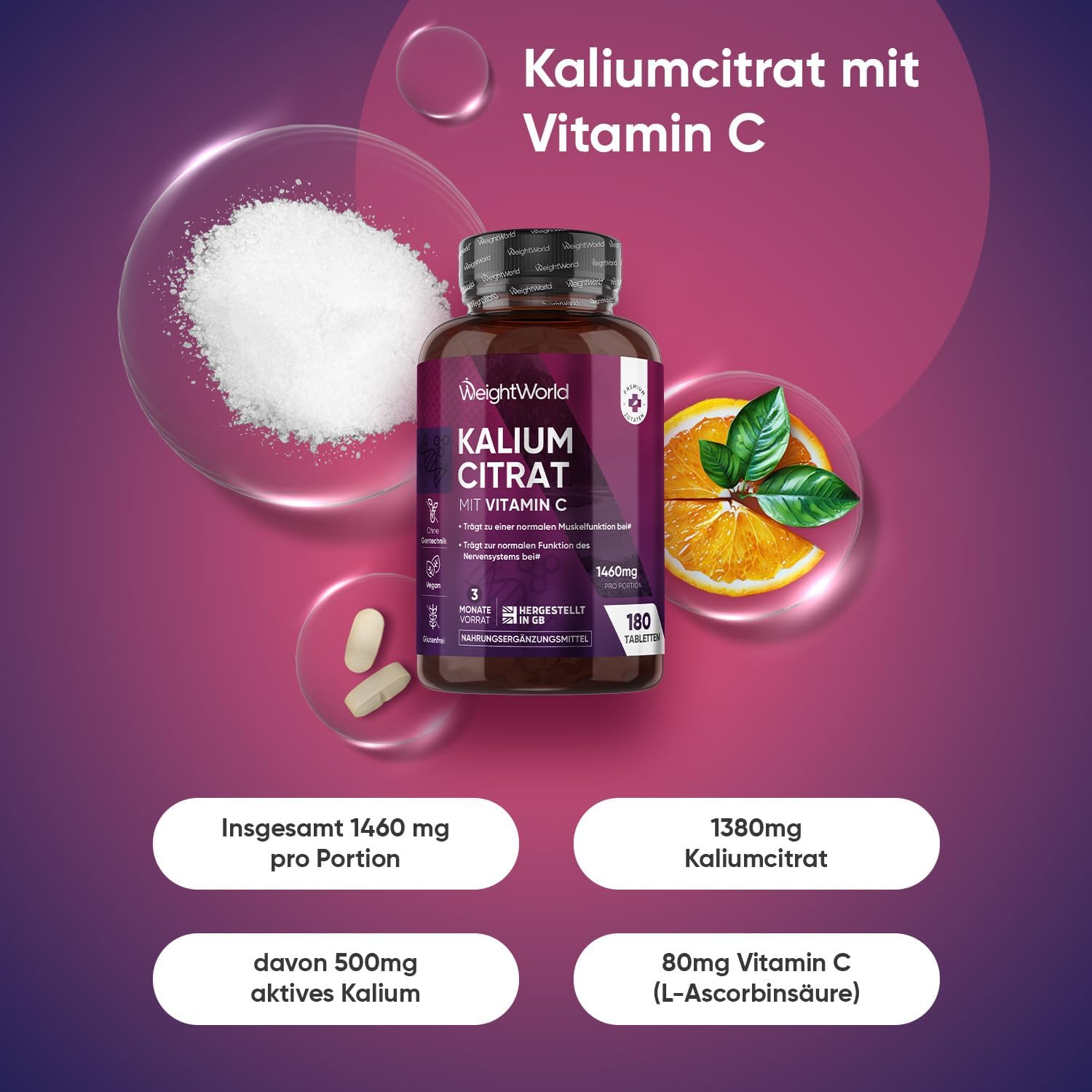 Thumbnail 1 de Kalium Tabletten mit Vitamin C (Kaliumcitrat & L-Ascorbinsäure) von WeightWorld – 180 vegane Tabletten