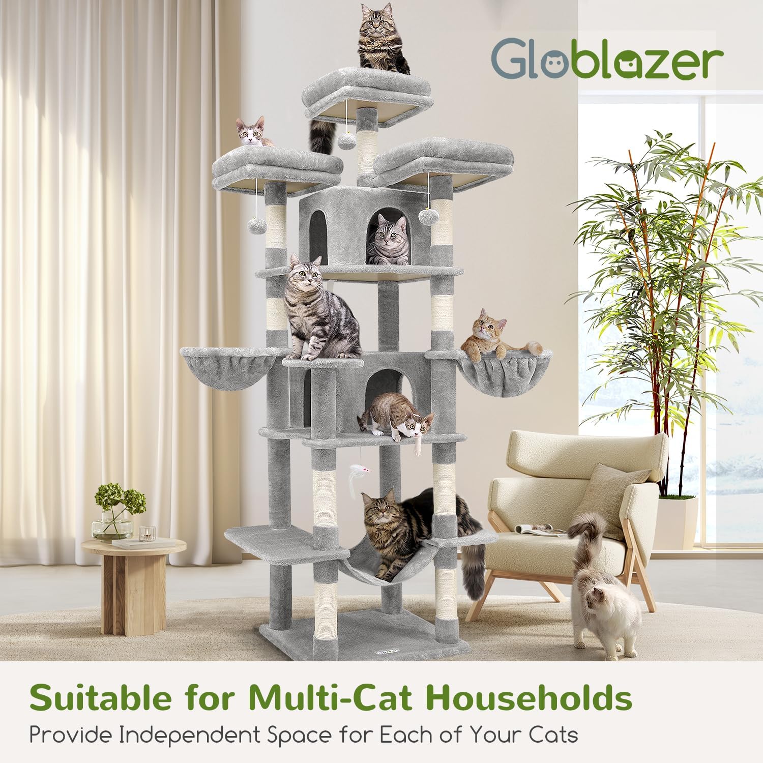 Thumbnail 6 de Globlazer F80 XXL Cat Tower, Light Grey, with 3 Perches, 2 Condos and Sisal Posts