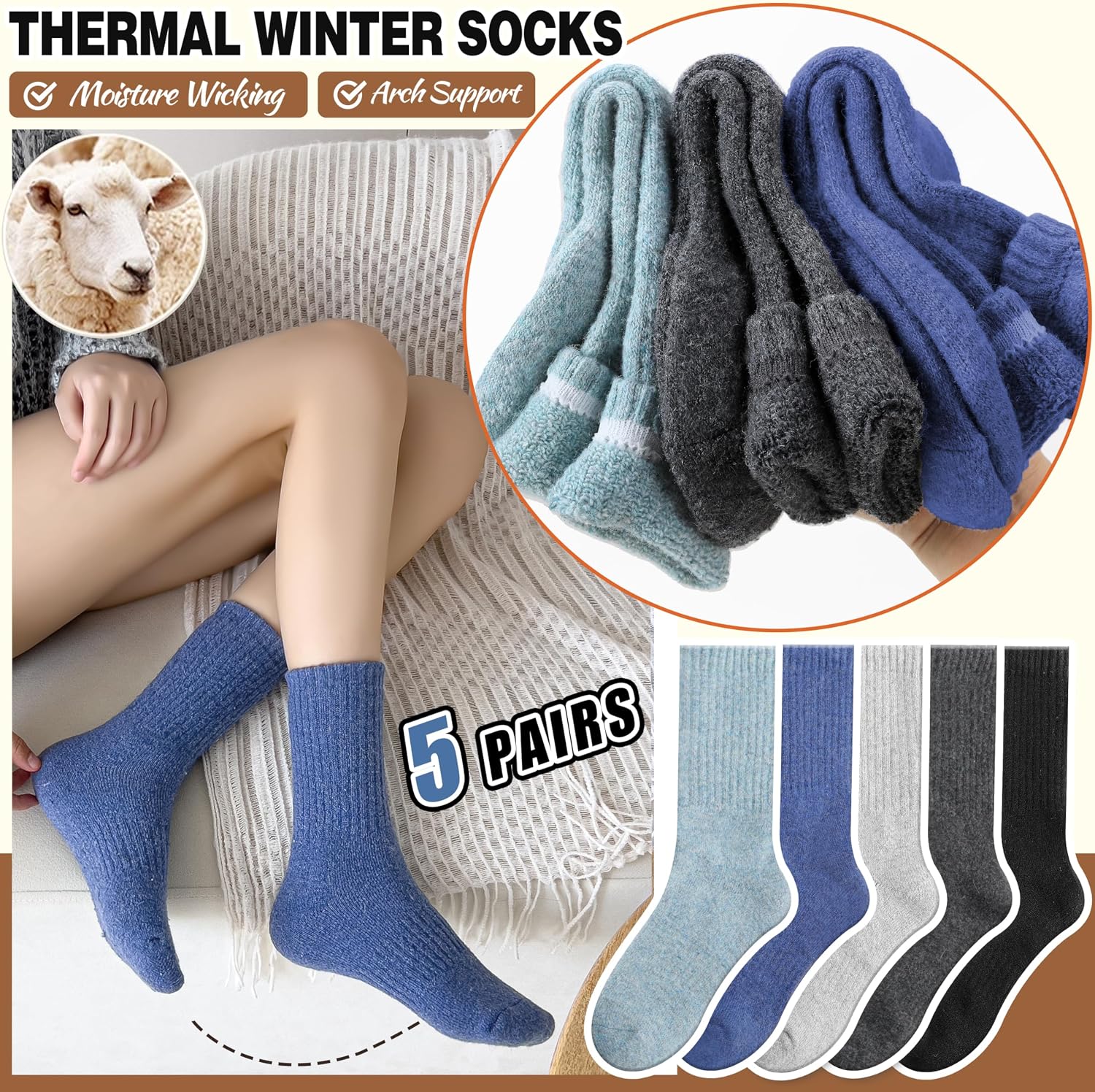 Detalle 2 de EBMORE Merino wool thermal socks, 5 pairs
