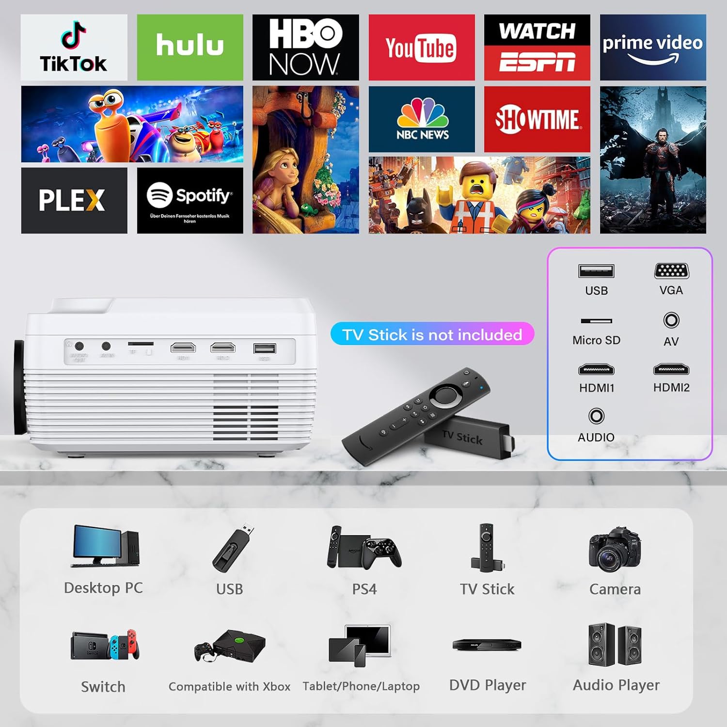 Detalle 2 de Dxyiitoo Full HD WiFi Bluetooth Projector with Built-in DVD Player