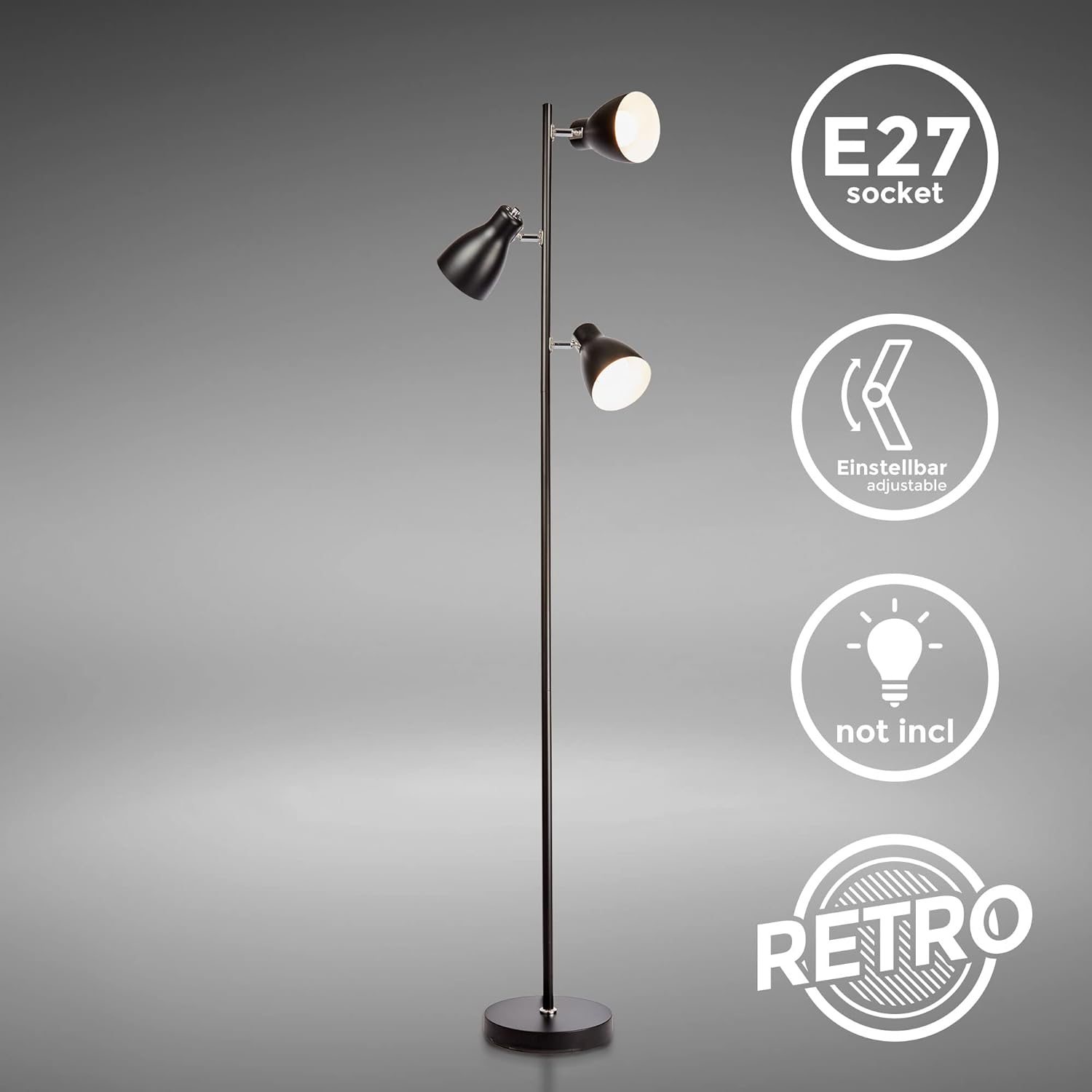 Thumbnail 1 de B.K.Licht Stehlampe Vintage mit Fußtaster – schwenkbar, E27, 3-flammig, 166,5 x 22 cm, Schwarz