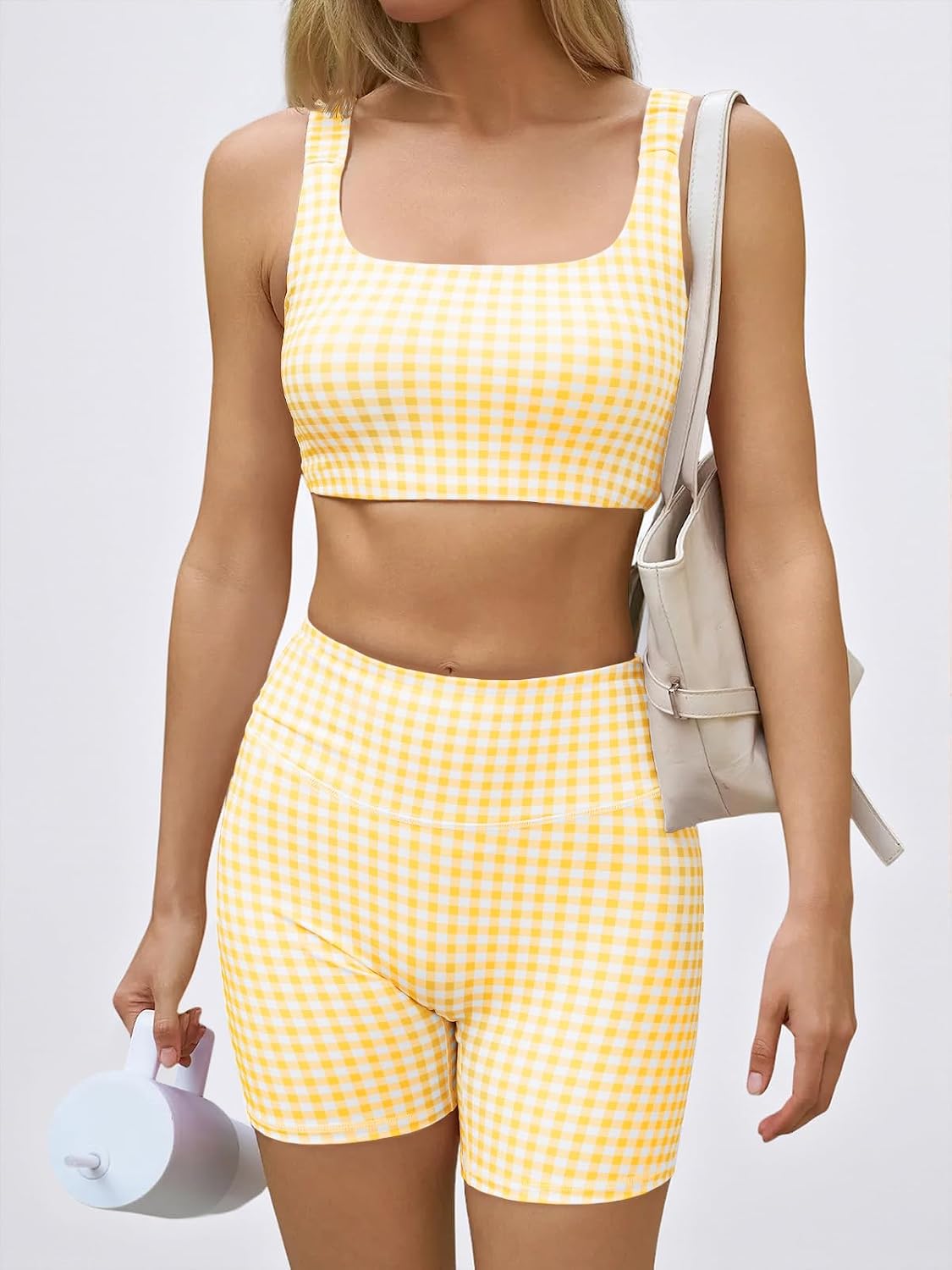 Detalle 2 de Aoysky Womens Workout Gingham 2 Piece Outfits with Padded Open Back Crop Top and High Waist Shorts