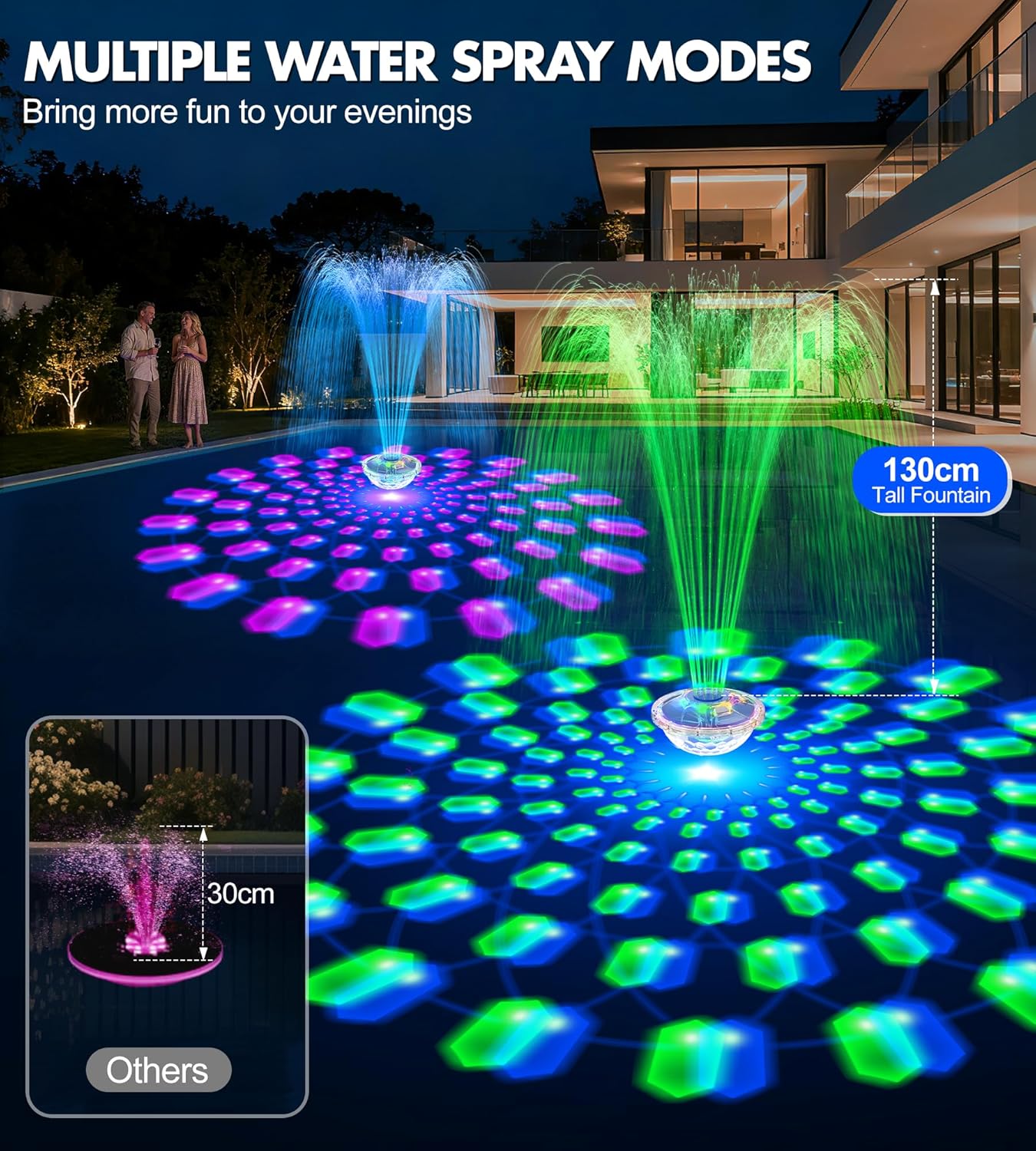 Detalle de LanBlu Fontaine Flottantepour Piscine avec Spectacle Lumineux et Ancre – 8000 mAh, 130 cm de jet