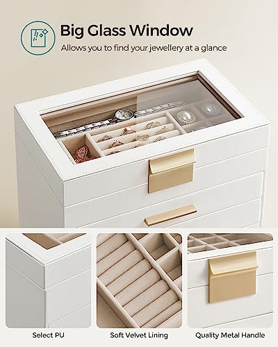 Thumbnail 3 de SONGMICS Collection Jewellery Box with Glass Lid (GISELLA JBC171W01) – 6-Layer Storage, Cloud White & Gold