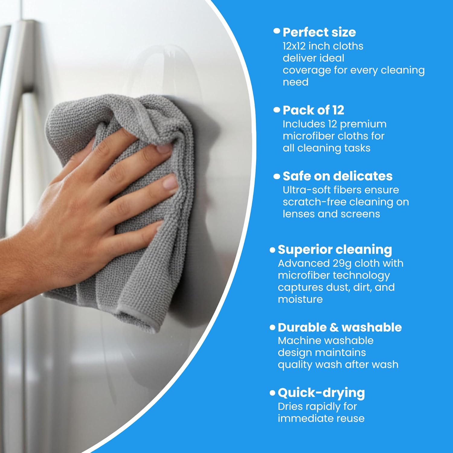 Detalle de Microfiber Cleaning Cloth Grey 12 Pack — 12 x 12 inch, 320 GSM, Lint-Free, Scratch-Free