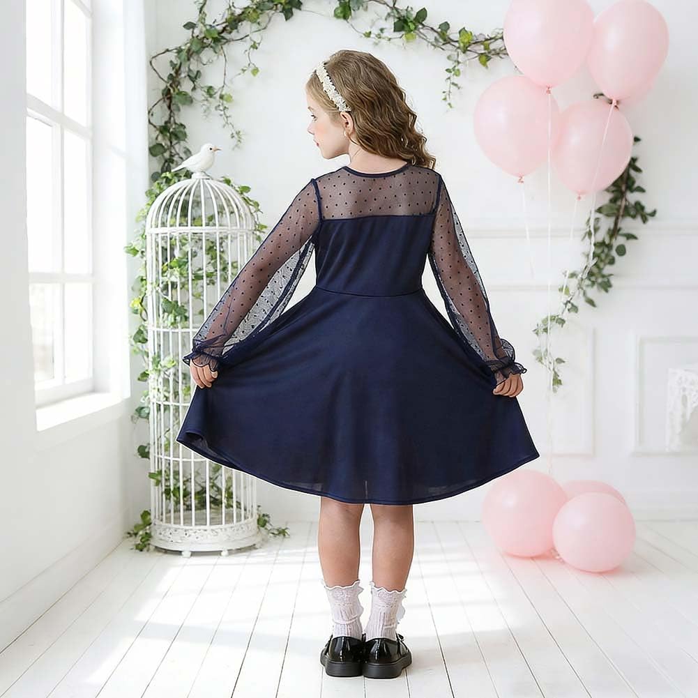 Detalle 1 de Vicloon Girls’ Contrast Mesh Puff-Sleeve Skater Dress, High Waist, Ages 9–16